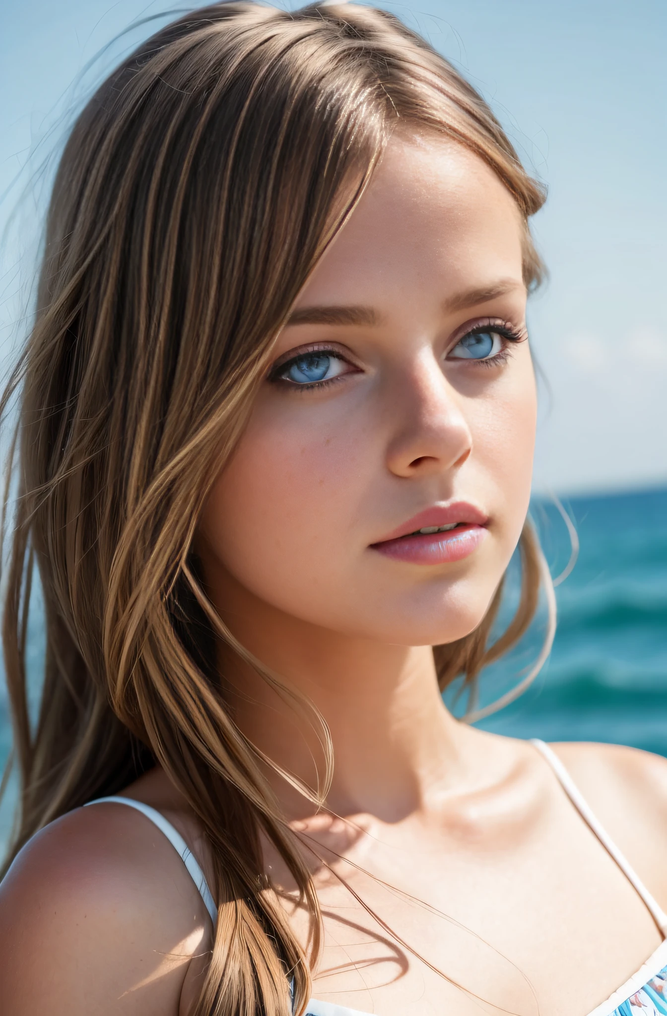 Kristina Pimenova, close-up ethereal girl with soft porcelain, big blue eyes, Orange Summer Dress, cotton candy, model fashion, thighs, the ocean in the background, art by wlop, artstation, trending, ultra HD, 4k, detailed anatomy, (shiny skin), ((oiled skin)), dramatic lighting, high contrast, skin indentation, delicate, high-quality unreal engine 5, ultra-realistic style, detailed face, flower accessory, soft pastel background color, colofUnreal Engine 5, Cinematic, Color Grading, portrait Photography, Ultra-Wide Angle, Depth of Field, hyper-detailed, beautifully color-coded, insane details, intricate details, beautifully color graded, Unreal Engine, Cinematic, Color Grading, Editorial Photography, Photography, Photoshoot, Shot on 70mm lens, Depth of Field, DOF, Tilt Blur, Shutter Speed 1/1000, F/2