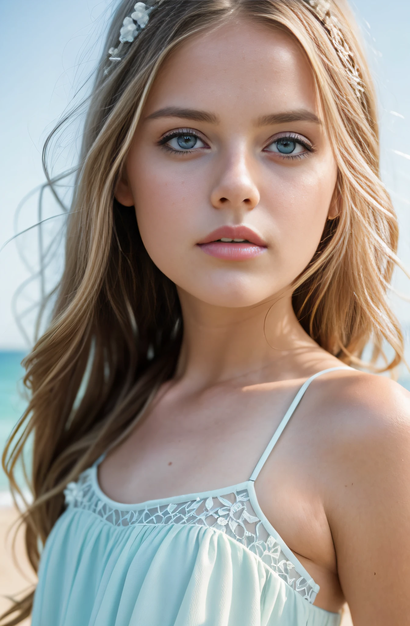 Kristina Pimenova, close-up ethereal girl with soft porcelain, big blue eyes, Orange Summer Dress, cotton candy, model fashion, thighs, the ocean in the background, art by wlop, artstation, trending, ultra HD, 4k, detailed anatomy, (shiny skin), ((oiled skin)), dramatic lighting, high contrast, skin indentation, delicate, high-quality unreal engine 5, ultra-realistic style, detailed face, flower accessory, soft pastel background color, colofUnreal Engine 5, Cinematic, Color Grading, portrait Photography, Ultra-Wide Angle, Depth of Field, hyper-detailed, beautifully color-coded, insane details, intricate details, beautifully color graded, Unreal Engine, Cinematic, Color Grading, Editorial Photography, Photography, Photoshoot, Shot on 70mm lens, Depth of Field, DOF, Tilt Blur, Shutter Speed 1/1000, F/2