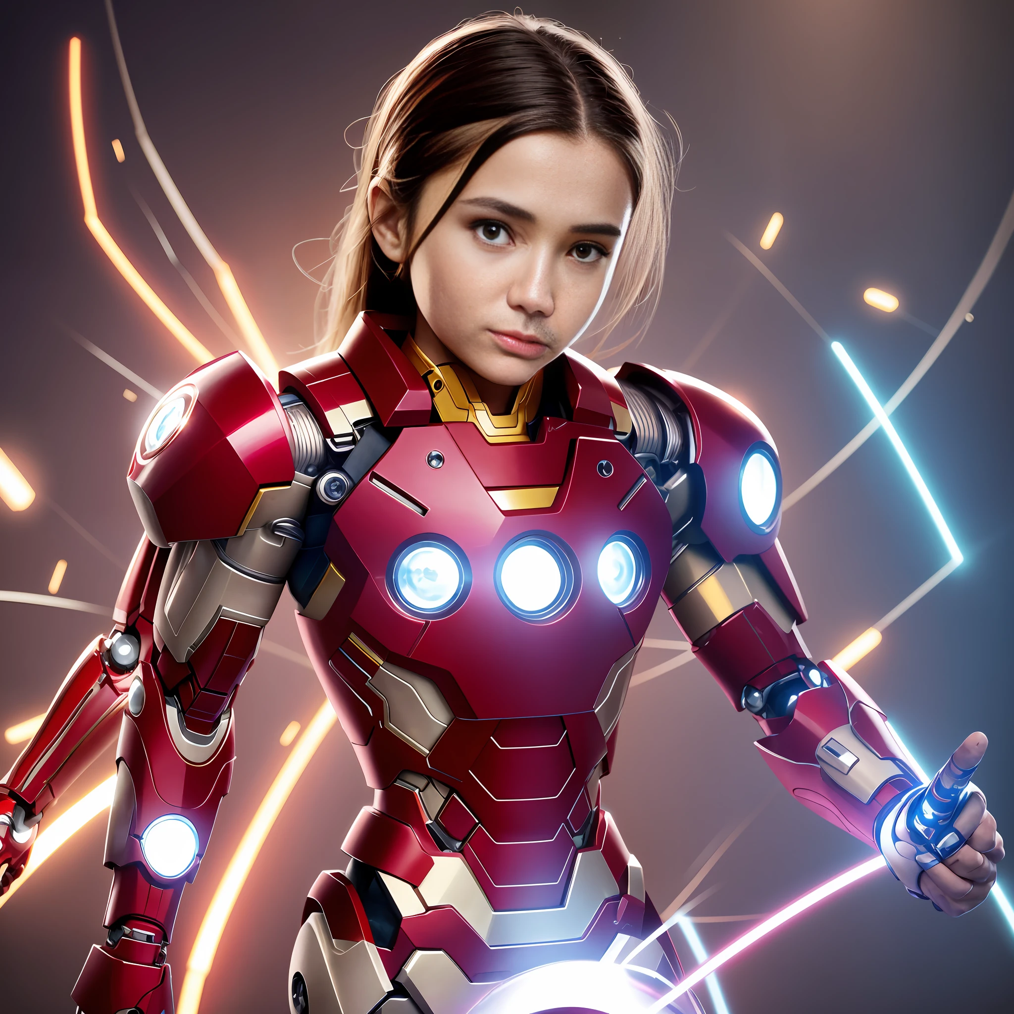 Highest image quality, highest resolution, 8K, human face, mechanical body, modified person, delicate facial features, 14-year-old girl's face, robotic arm, and a miniature nuclear reactor like Iron Man on his chest