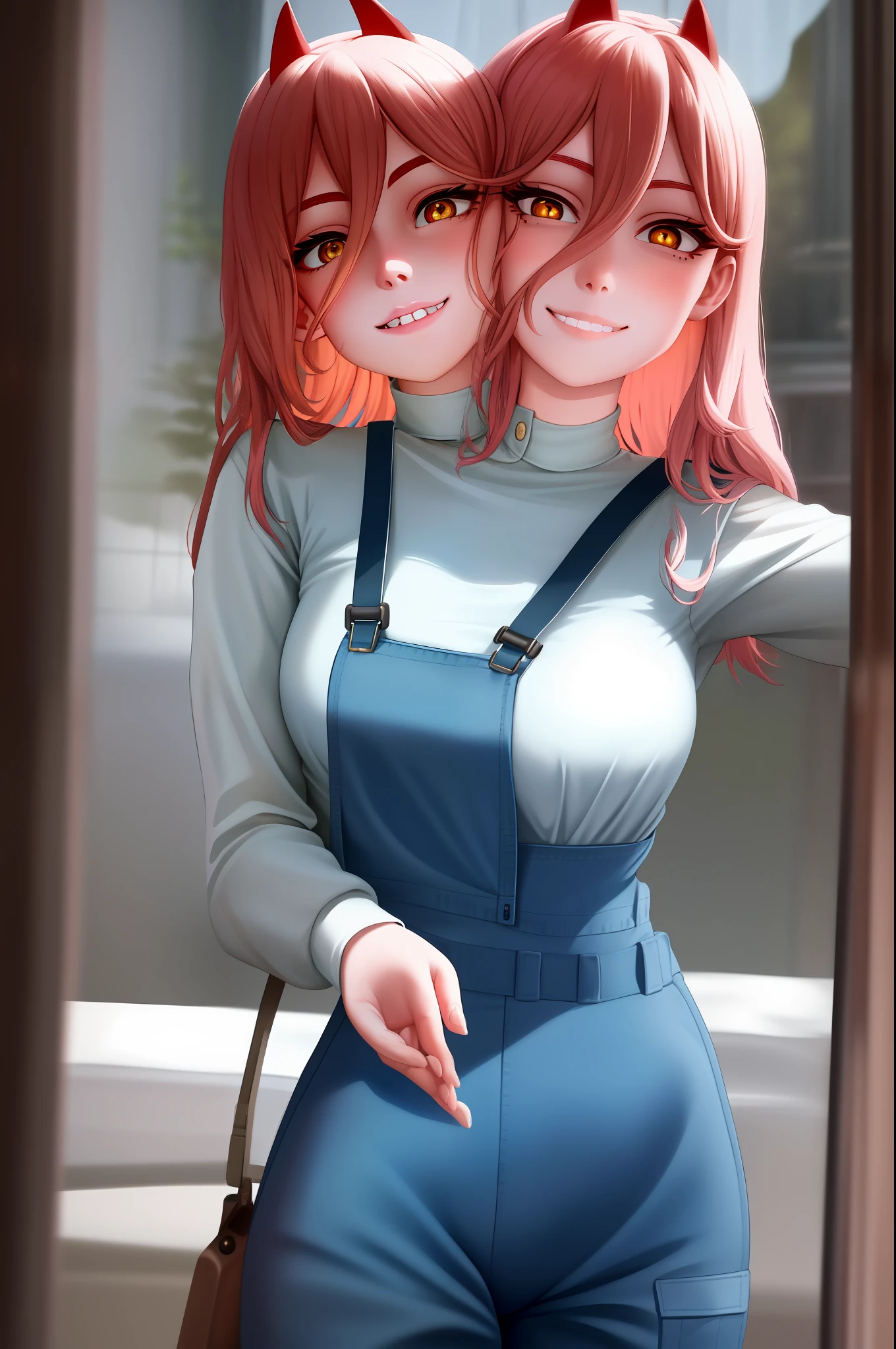 Conjoined, 2heads,4k, fine detail, ultra high resolution, detailed face, delicate eyes, gradient eyes, gradient hair, light tracing, real skin, beautiful skin,
1girl, Overalls, Strap work Pants,
A cat
The upper body,
Smile and look into the camera