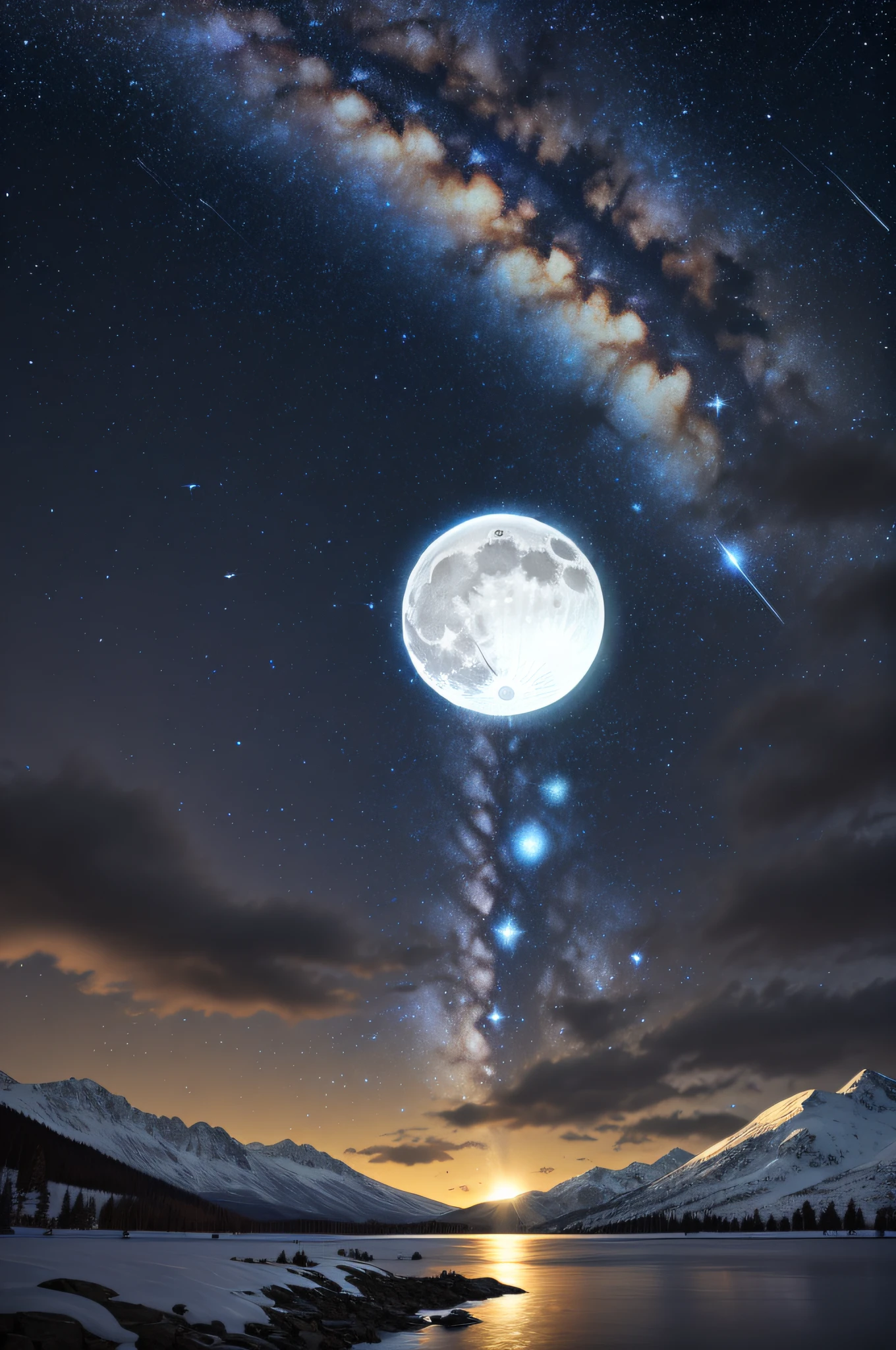 Bright starry sky, lakes, snowy mountains, shooting stars