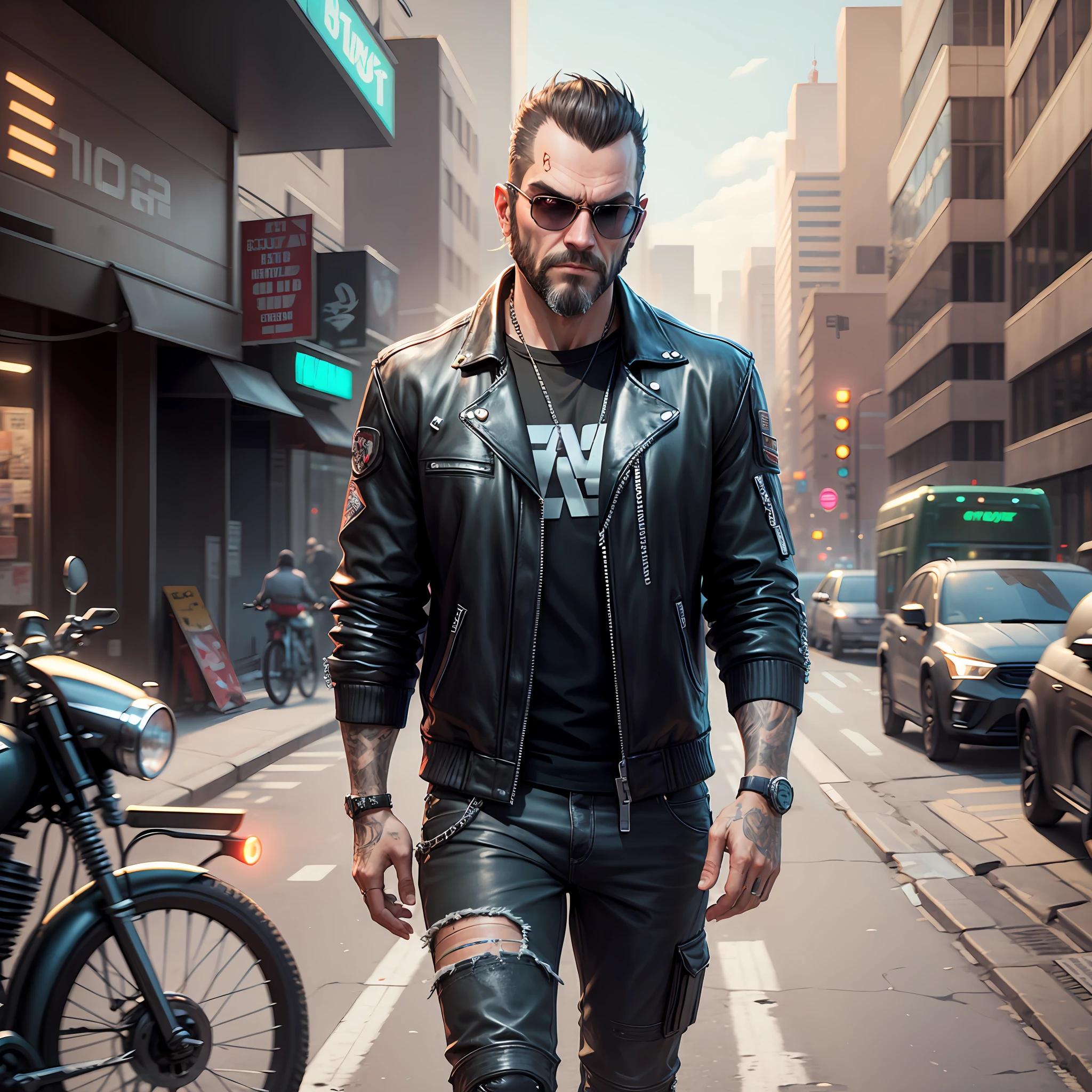 create grand theft auto style image with man biker fashion with receding short hairline, beard in his 40s in a cyberpunk city, cocky perspective, front view, unreal engine, --auto --s2