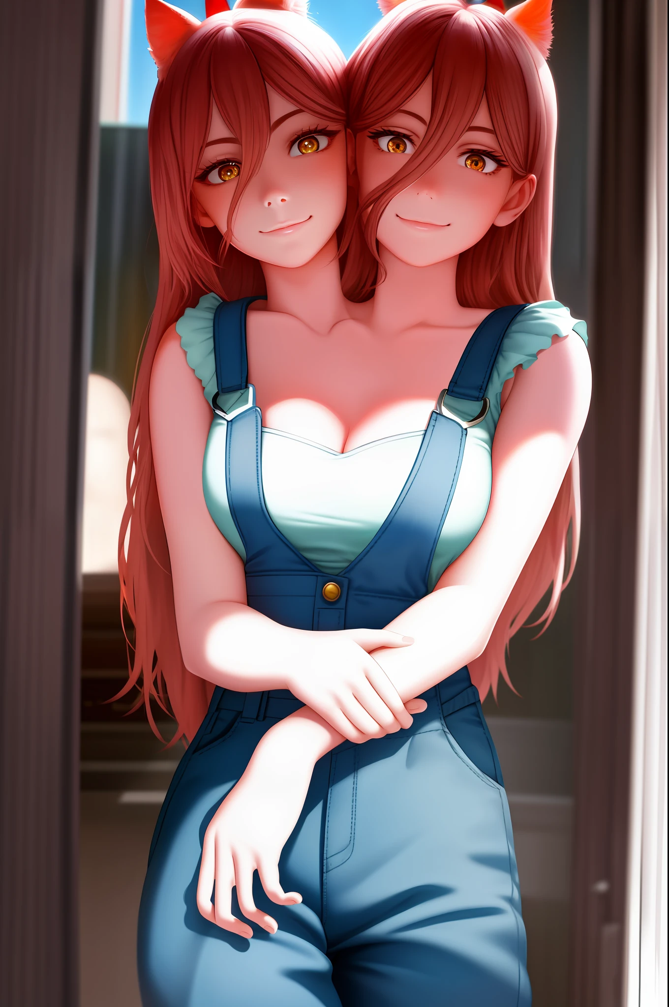 Conjoined, 2heads,4k, fine detail, ultra high resolution, detailed face, delicate eyes, gradient eyes, gradient hair, light tracing, real skin, beautiful skin,
1girl, Overalls, Strap work Pants,
A cat
The upper body,
Smile and look into the camera