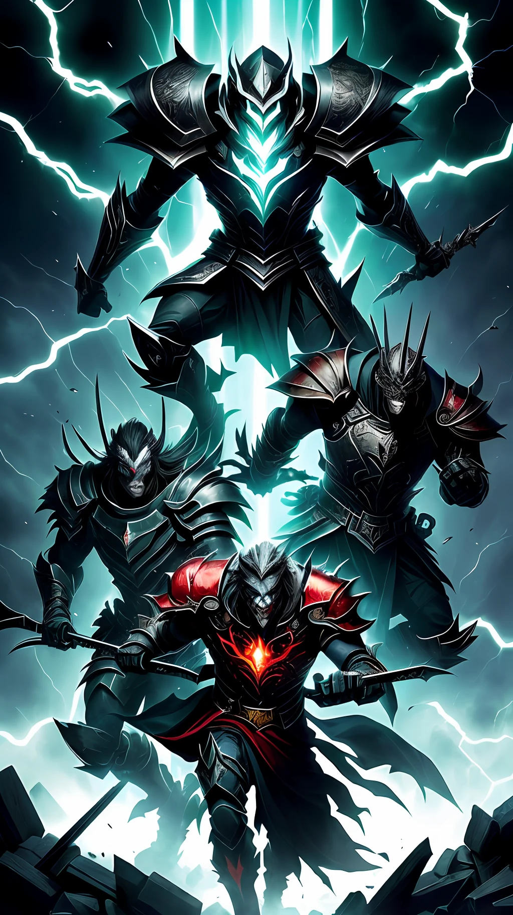 The illustration depicts Letharius in a moment of action and leadership, boldly advancing against the agents of chaos. His body is in motion, showing his dexterity and skill in combat. His facial expression is determined, radiating confidence and triumph.
The agents of chaos are represented as dark and distorted figures, with grotesque and menacing features. They find themselves in defensive positions, surprised by Letharius' boldness in facing them. Their expressions range from shock to anger as they try to react to the hero's onslaught.
The surrounding environment is oppressive and gloomy, reflecting the atmosphere of torment and suffering of the previous chapter. However, cracks and fissures begin to form on the walls and floor, symbolizing the gaps the heroes discovered in the web of pain that imprisoned them.
The lighting is contrasting, with rays of light penetrating through the cracks, highlighting Letharius in his moment of leadership. Shades of black and white predominate, but subtle touches of color are added to the cracks, symbolizing hope and the possibility of breaking the cycle of torture.
The composition is dynamic, with lines of movement that direct the gaze to Letharius and his dominant posture. The details of the costumes, weapons, and facial expressions are accurately represented, emphasizing the intensity of the scene.
The typography of the chapter title, "The End of Torture?", is strategically positioned, with strong and impactful lyrics, adding an additional element of questioning and expectation.
This visual depiction of Letharius' counterattack against the agents of chaos conveys the heroes' courage and determination to overcome suffering and fight for their freedom. The illustration invites readers to witness the moment of triumph and to wonder if the end of torture is near.