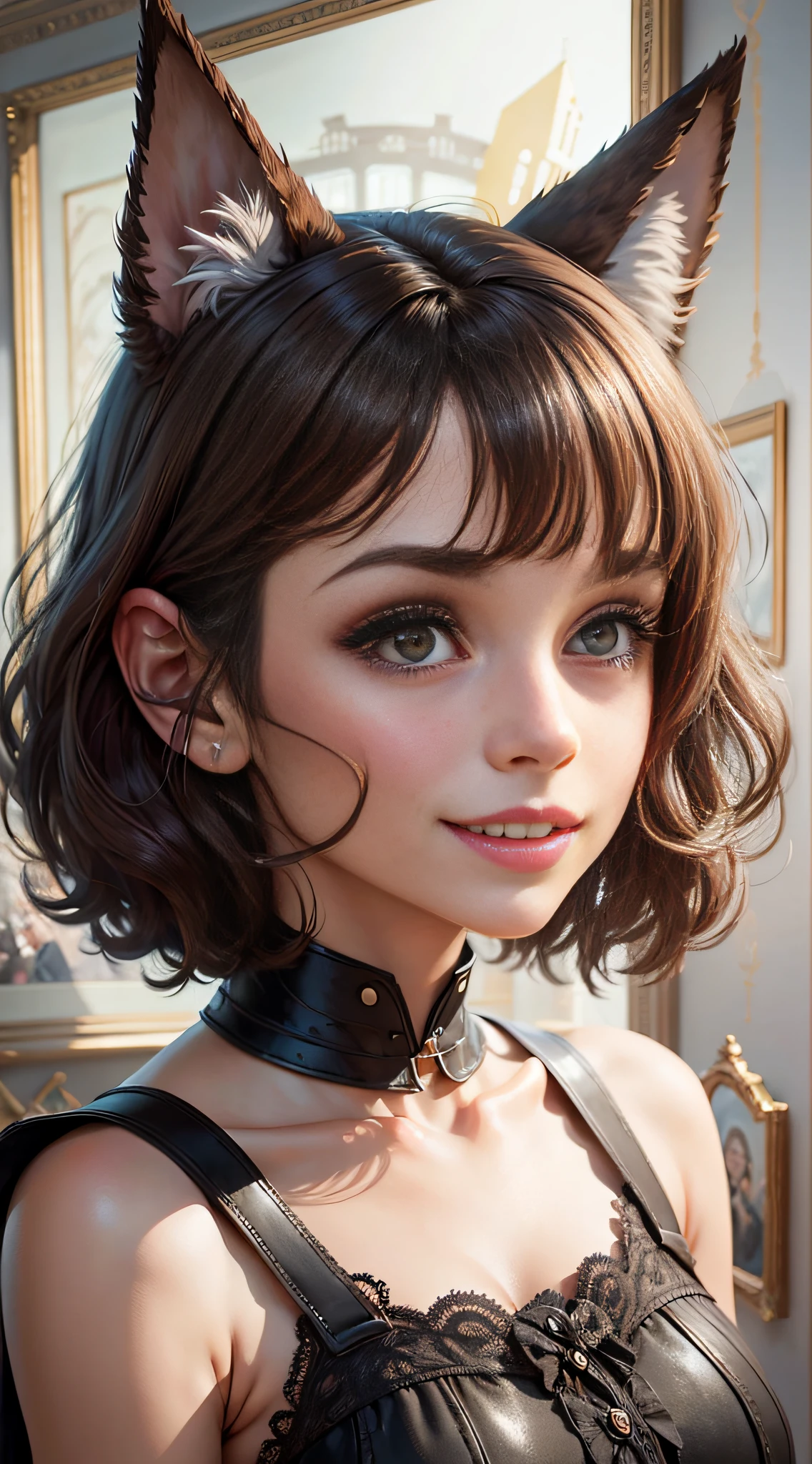 Brunette hair, cringe, long eyelashes, cute eyes, dog ears, light smile, ear blush, fangs, surrealism, shadows, relief, dioramas, standing painting, pov, atmospheric perspective, 8k, super detail, precise, best quality --auto --s2