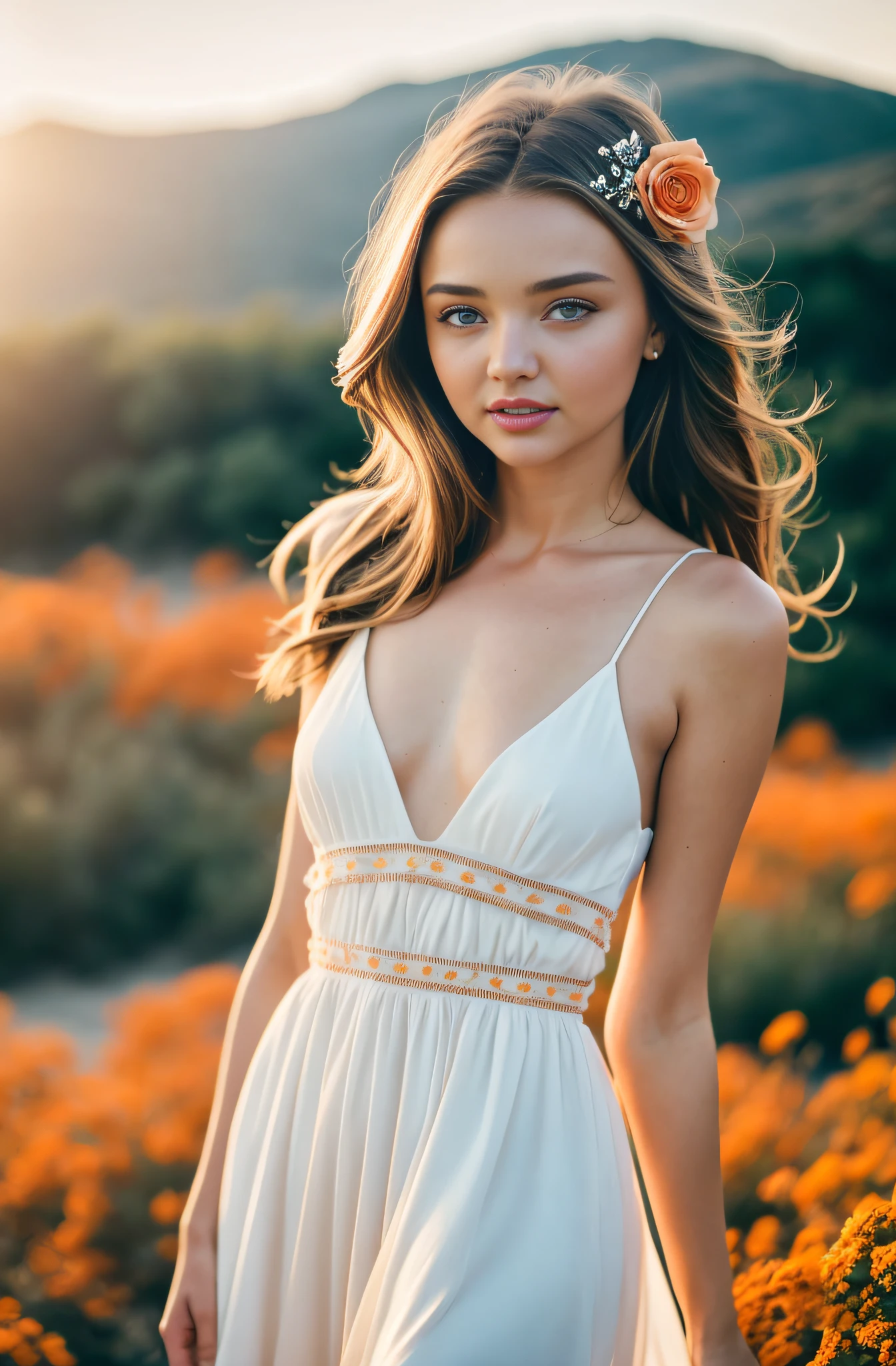 Miranda kerr, sunkissed, close-up ethereal girl with soft porcelain, big blue eyes, Orange Summer Dress, cotton candy, model fashion, thighs, the ocean in the background, art by wlop, artstation, trending, ultra HD, 4k, detailed anatomy, (shiny skin), ((oiled skin)), dramatic lighting, high contrast, skin indentation, delicate, high-quality unreal engine 5, ultra-realistic style, detailed face, flower accessory, soft pastel background color, colofUnreal Engine 5, Cinematic, Color Grading, portrait Photography, Ultra-Wide Angle, Depth of Field, hyper-detailed, beautifully color-coded, insane details, intricate details, beautifully color graded, Unreal Engine, Cinematic, Color Grading, Editorial Photography, Photography, Photoshoot, Shot on 70mm lens, Depth of Field, DOF, Tilt Blur, Shutter Speed 1/1000, F/2