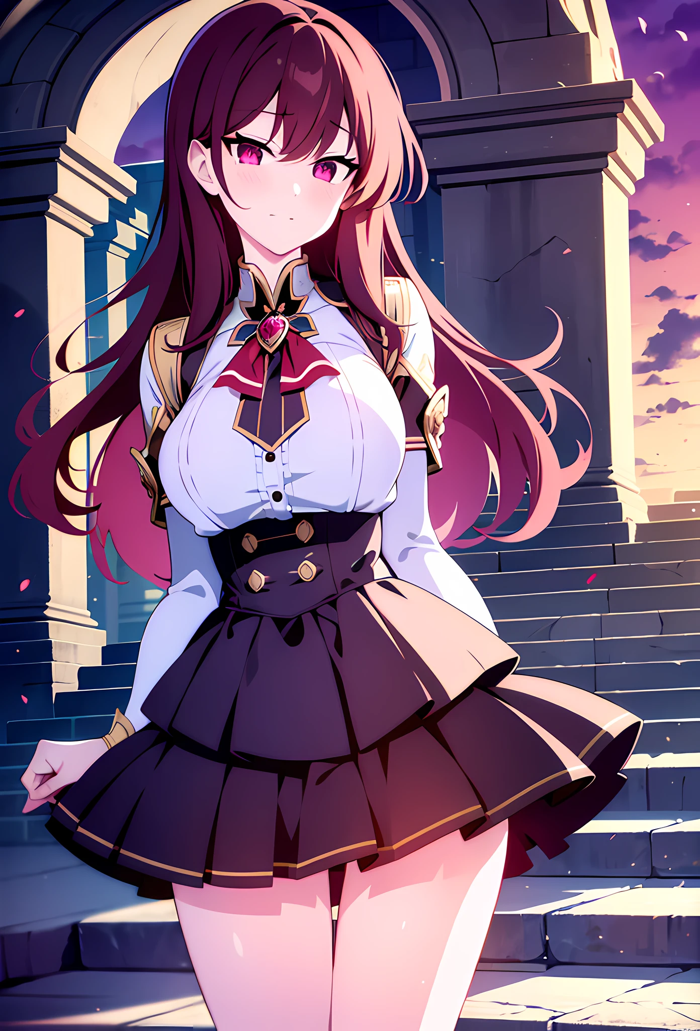 {{{{masterpiece, realistic, extremely detailed, intricate details, sharp focus, 8K, highres, depth of field, absurdres, high quality facial shadowing, dynamic shadowing, cinematic lighting, perfect lighting}}}}, best quality, asian qualities, {facing viewer}, {front view}, {hands behind back}, {solo}, beautiful young girl, {{{extremely detailed girl, perfect ???????, perfect body, {glowing skin}}}}, {{{beautiful-detailed luscious hip-length vibrant dark brown to ruby red hair}}}, {{{luscious multi-layered hair}}}, {beautiful-detailed facial structure}, {detailed beautiful face}, {detailed face:1.33}, {{cute face}}, {{???? face}}, {{beautiful-detailed eyes}}, big eyes, {{{{detailed glowing ruby red eyes}}}}, {{{{high-detailed sharp clear unclouded vibrant white eye pupils}}}}, {{{{vibrant eye colors}}}}, {{detailed small ?????}}, {{?????? apart}}, {{slim arms}}, {{{{beautiful-detailed fingers}}}}, {{slim waist}}, {{slim legs}}, {{thick thighs}}, {detailed facial expressions}, {{visible blushing}}, {{shy expression}}, {{slightly opened mouth}}, fashion, royalty, school outfit, {{{beautiful-detailed brown and red school shirt}}}, {{{detailed blood red school skirt}}}, {{{{beautiful-detailed white school knee-high socks}}}}, {{{detailed dark-brown leather school shoes}}}, {{standing in a courtyard next to some steps leading up to a fountain at dusk}}, {{{enhanced background}}}, {{sunset shining light on person at dusk with clouds rolling in above}}, {{lights bouncing off person}}