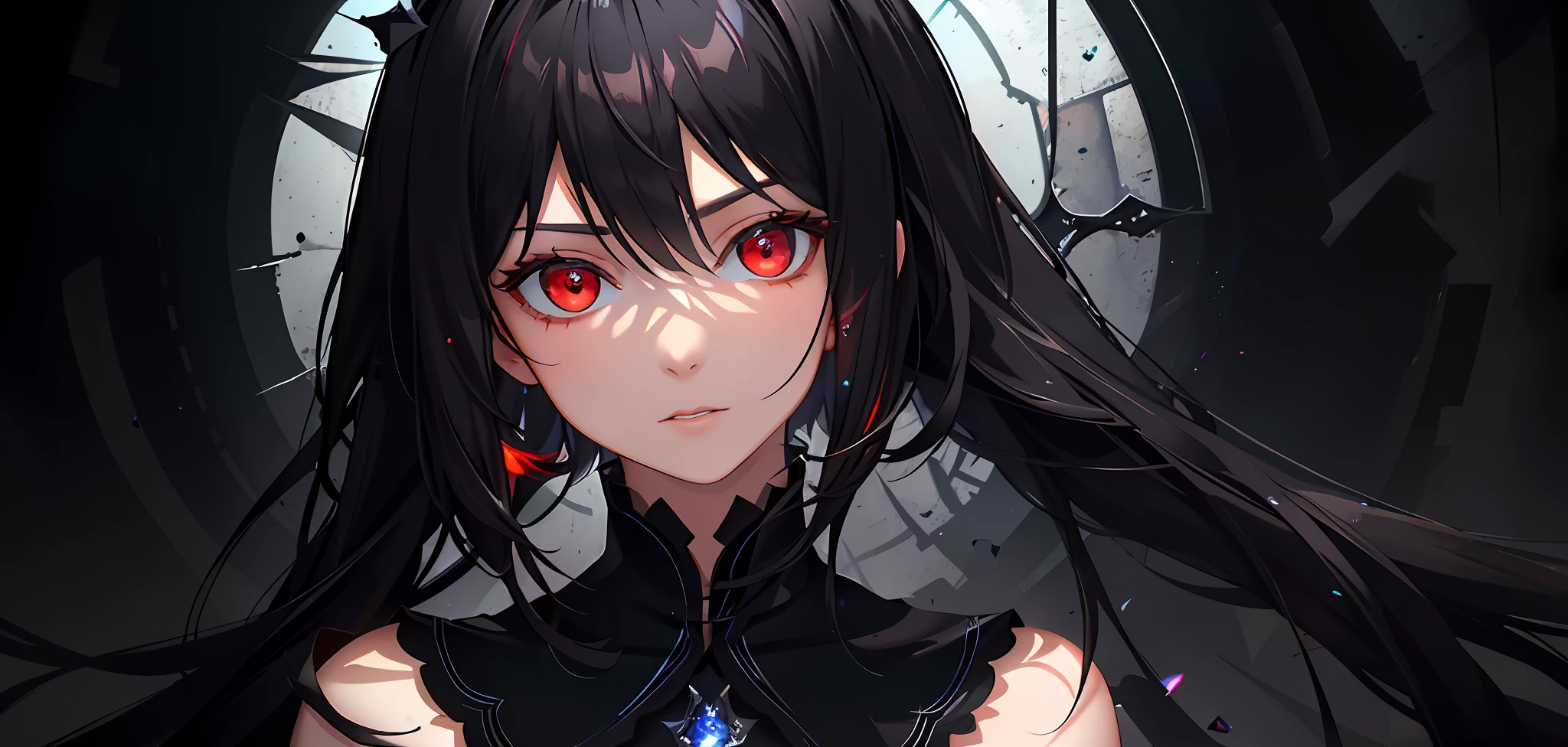 (masterpiece, best quality, ultra-detailed, best shadow), (detailed background,dark fantasy), (beautiful detailed face), high contrast, (best illumination, an extremely delicate and beautiful), ((cinematic light)), colorful, hyper detail, dramatic light, intricate details, (1 girl, solo,black hair, sharp face,low twintails,red eyes, hair between eyes,dynamic angle), blood splatter, swirling black light around the character, depth of field,black light particles,(broken glass),magic circle,