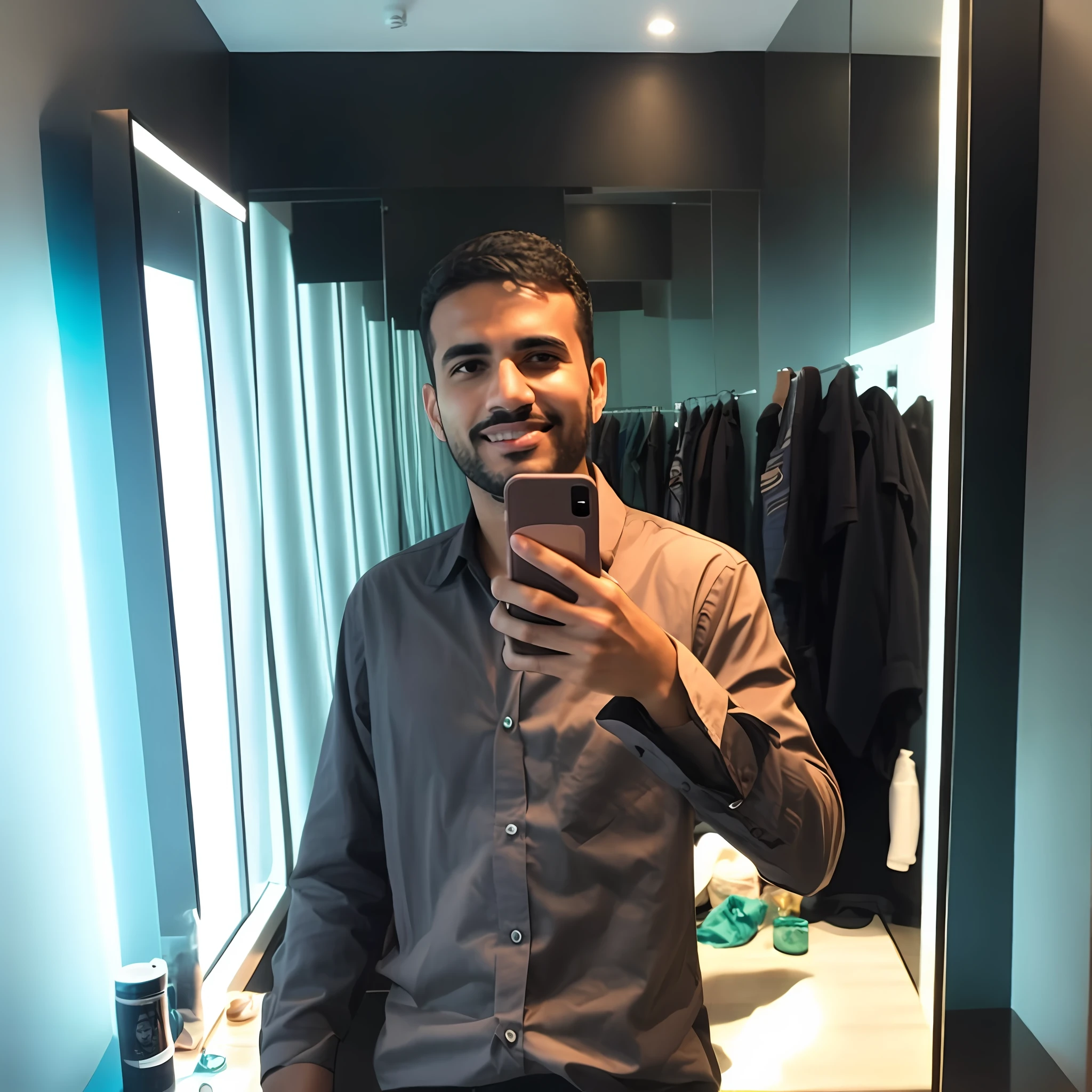Man taking a selfie in a mirror in a hotel room, professional photo, mohamed chahin, riyahd cassiem, inspired by Antonio Parreiras, professional profile picture, mohamed chahin style, about 20 yo, aykut aydogdu, enes dirig, mirror selfie, do not change face.
