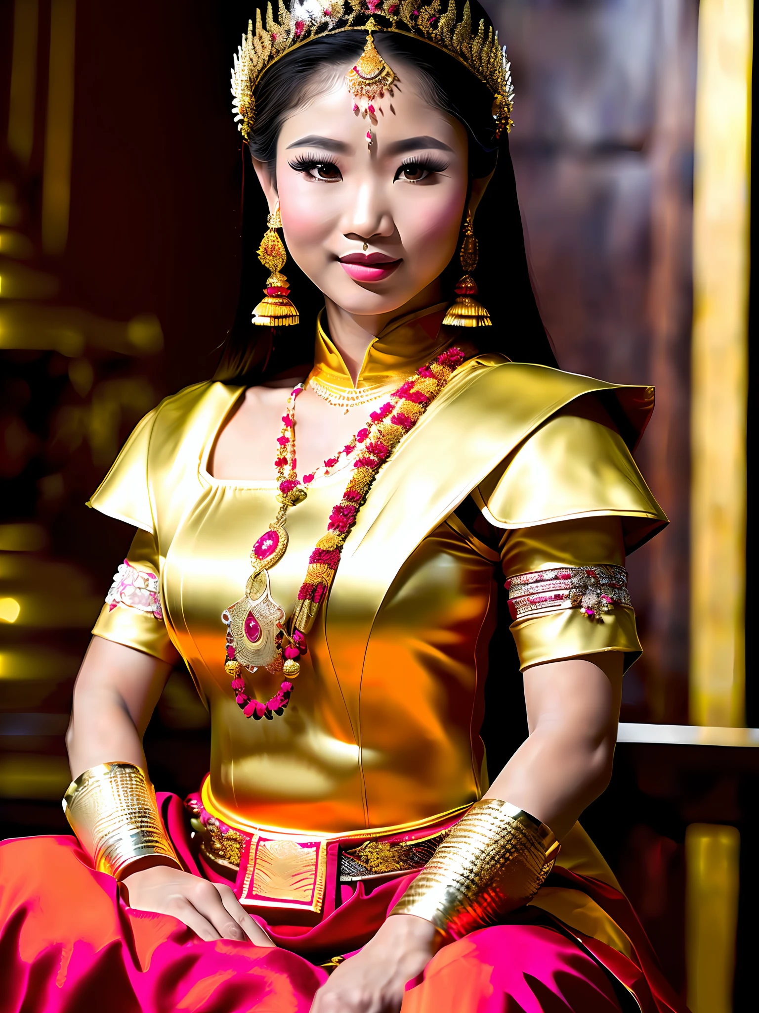 full shot body photo of the most beautiful artwork in the world featuring a traditional ((fantasy)) Thailand queen warrior woman , With traditional outfit ,(sitting:1.2),(from_side:1.3),