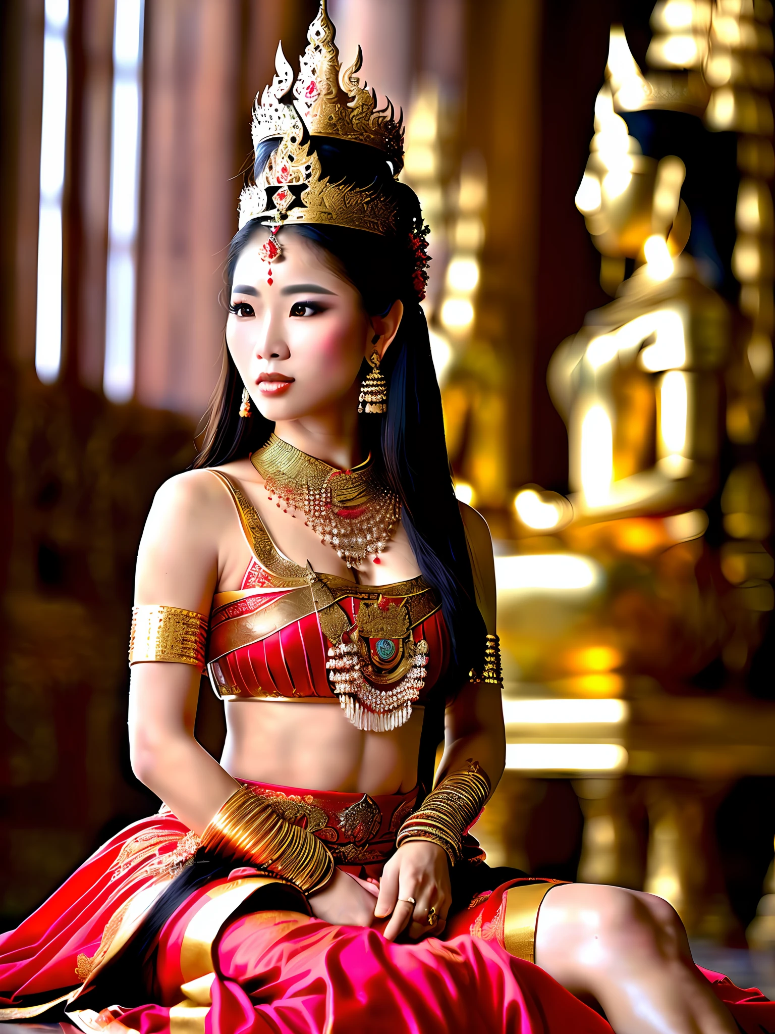 full shot body photo of the most beautiful artwork in the world featuring a traditional ((fantasy)) Thailand queen warrior woman , With traditional outfit ,(sitting:1.2),(from_side:1.3),