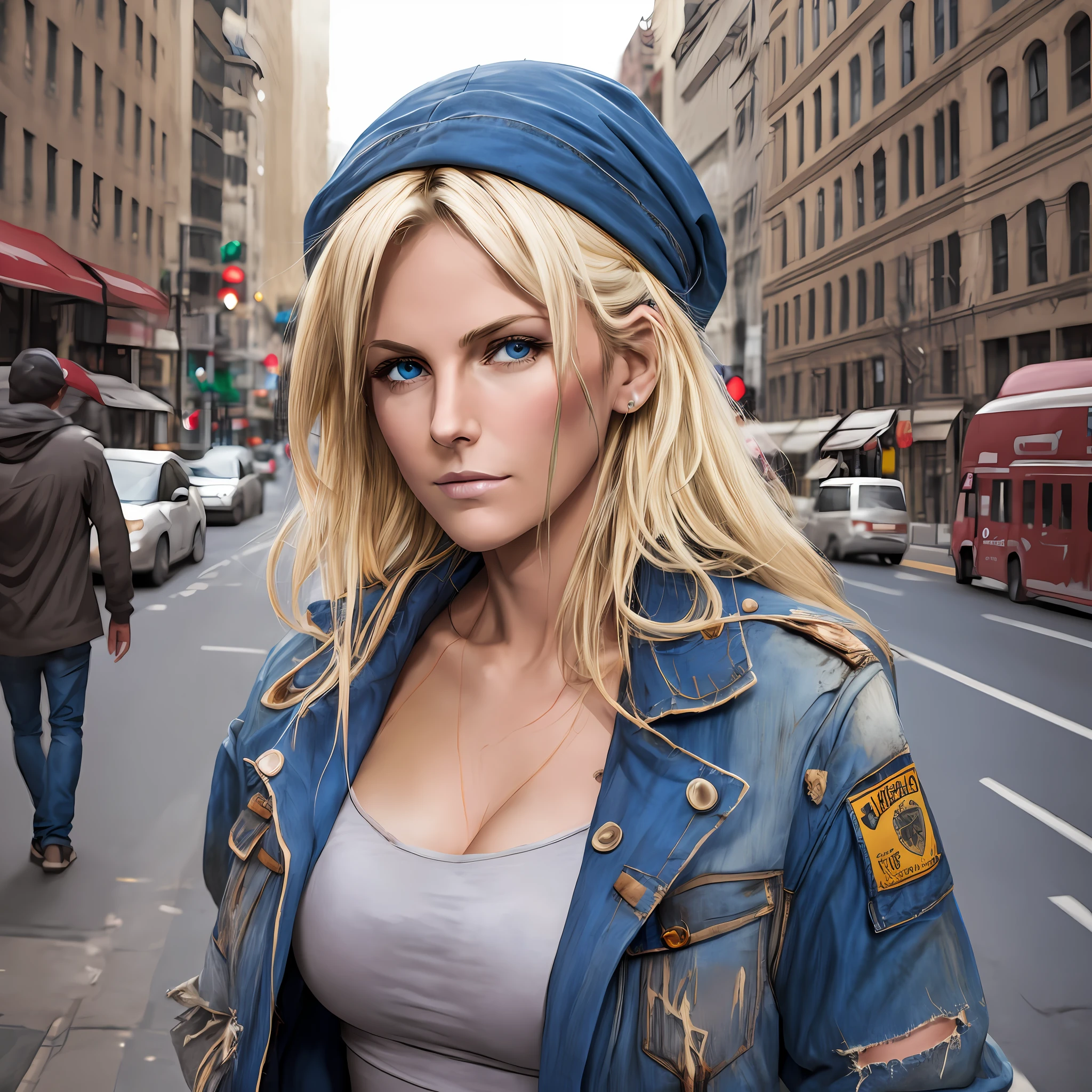 Sexy, tall, blonde homeless woman with torn and dirty clothes in the city, super realistic, well detailed