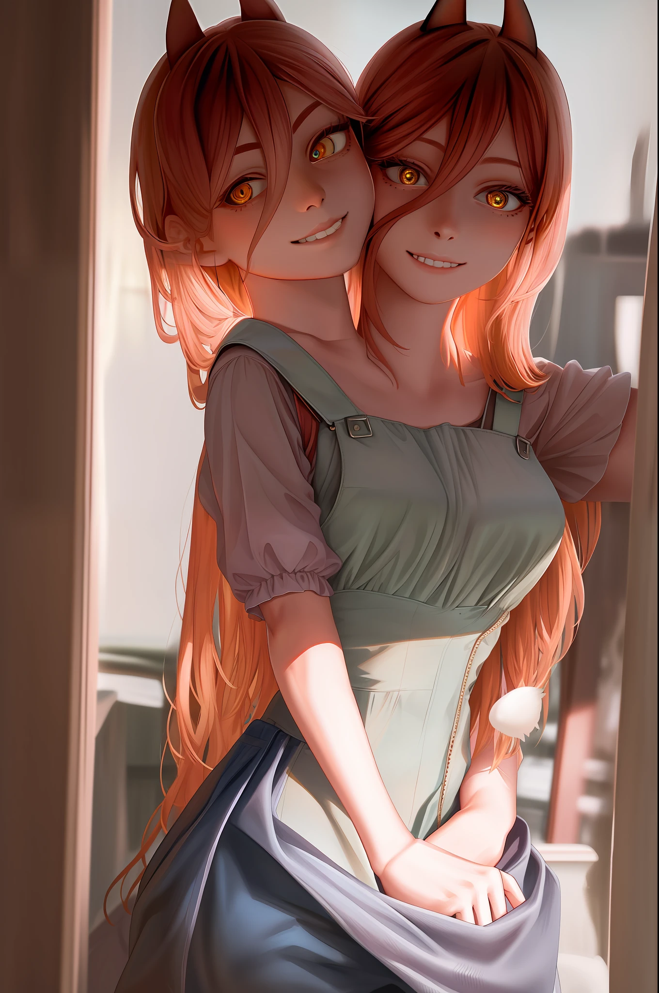 Conjoined, 2heads,4k, fine detail, ultra high resolution, detailed face, delicate eyes, gradient eyes, gradient hair, light tracing, real skin, beautiful skin,
1girl, Overalls, Strap work Pants,
A cat
The upper body,
Smile and look into the camera
