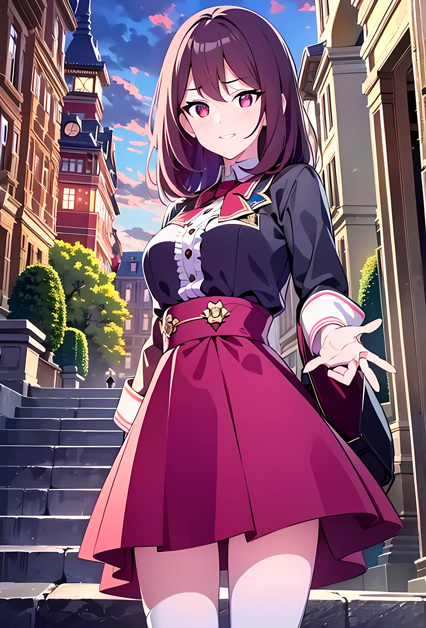 {{{{masterpiece, realistic, extremely detailed, intricate details, sharp focus, 8K, highres, depth of field, absurdres, high quality facial shadowing, dynamic shadowing, cinematic lighting, perfect lighting}}}}, best quality, asian qualities, {facing viewer}, {front view}, {hands behind back}, {solo}, beautiful young girl, {{{extremely detailed girl, perfect anatomy, perfect body, {glowing skin}}}}, {{{beautiful-detailed luscious hip-length vibrant dark brown to ruby red hair}}}, {{{luscious multi-layered hair}}}, {beautiful-detailed facial structure}, {detailed beautiful face}, {detailed face:1.33}, {{cute face}}, {{sexy face}}, {{beautiful-detailed eyes}}, big eyes, {{{{detailed glowing ruby red eyes}}}}, {{{{high-detailed sharp clear unclouded vibrant white eye pupils}}}}, {{{{vibrant eye colors}}}}, {{detailed small boobs}}, {{breast apart}}, {{slim arms}}, {{{{beautiful-detailed fingers}}}}, {{slim waist}}, {{slim legs}}, {detailed facial expressions}, {{visible blushing}}, {{shy expression}}, {{slightly opened mouth}}, fashion, royalty, school outfit, {{{beautiful-detailed brown and red school shirt}}}, {{{detailed blood red school skirt}}}, {{{{beautiful-detailed white school knee-high socks}}}}, {{{detailed dark-brown leather school shoes}}}, {{standing in a courtyard next to some steps leading up to a fountain at dusk}}, {{{enhanced background}}}, {{sunset shining light on person at dusk with clouds rolling in above}}, {{lights bouncing off person}}