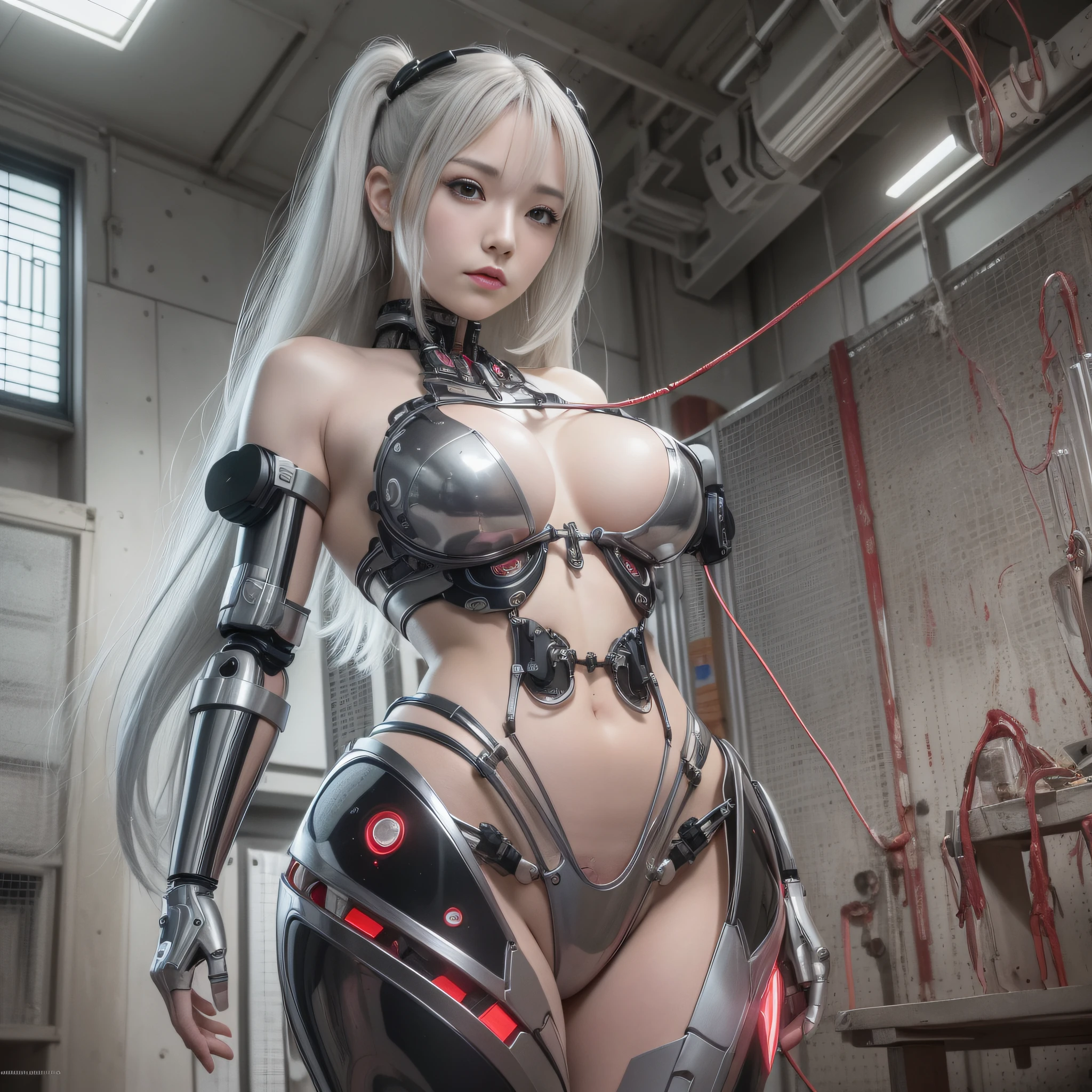 Beautiful Face,Face is Japan, 1 Woman, Big, Curvaceous, (8k, RAW Photo, Best Quality, Masterpiece: 1.2), (HDR, Realistic, Photorealistic: 1.37) (Blood vessel attached to tube), (Bikini Cyborg Robot Parts)))), (Light Grey Hair), Long Hair, Wavy Hair, Twin Tails, Medium Shot, ( Seductive smile)), (black eyes), princess cut,from below,(whole body),posing,,inside the lab,( blood vessel connected to a tube),((mechanical vertebrae attached to the back)),((mechanical neck attached to the neck)),(wire cable attached to the head and body),(character focus),science fiction,perfect female figure,perfect anatomy,ultraanatomy, Full body shot,