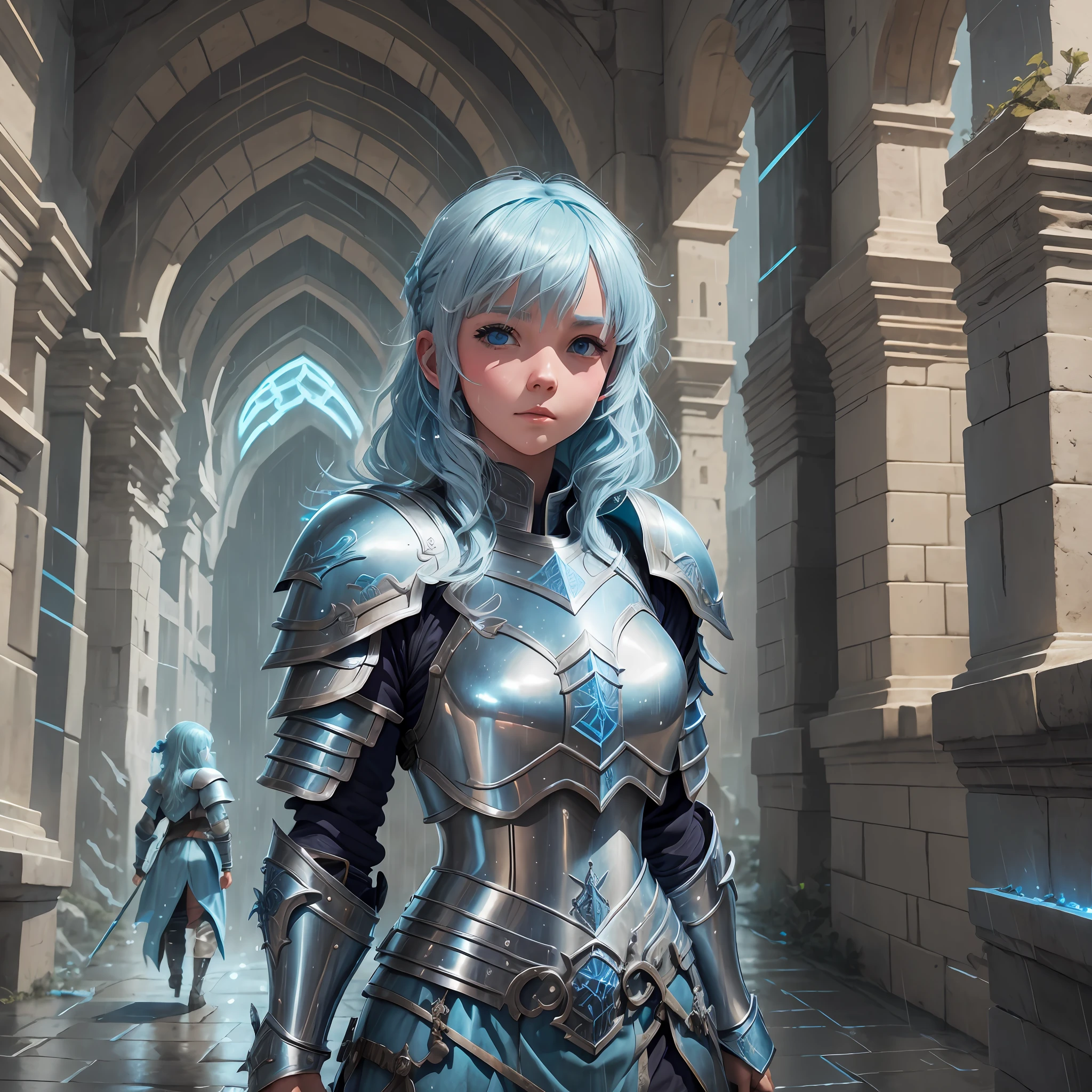 girl, light Blue hair, withe and blue armor, guerreiros portadores da luz, cidade medieval, escura, batalha, épico, guerra, Surrealism, 8k, super detail, war, battle, darkness, rain, night, fight, torchs, war, conflict, ultra detailed --auto --s2