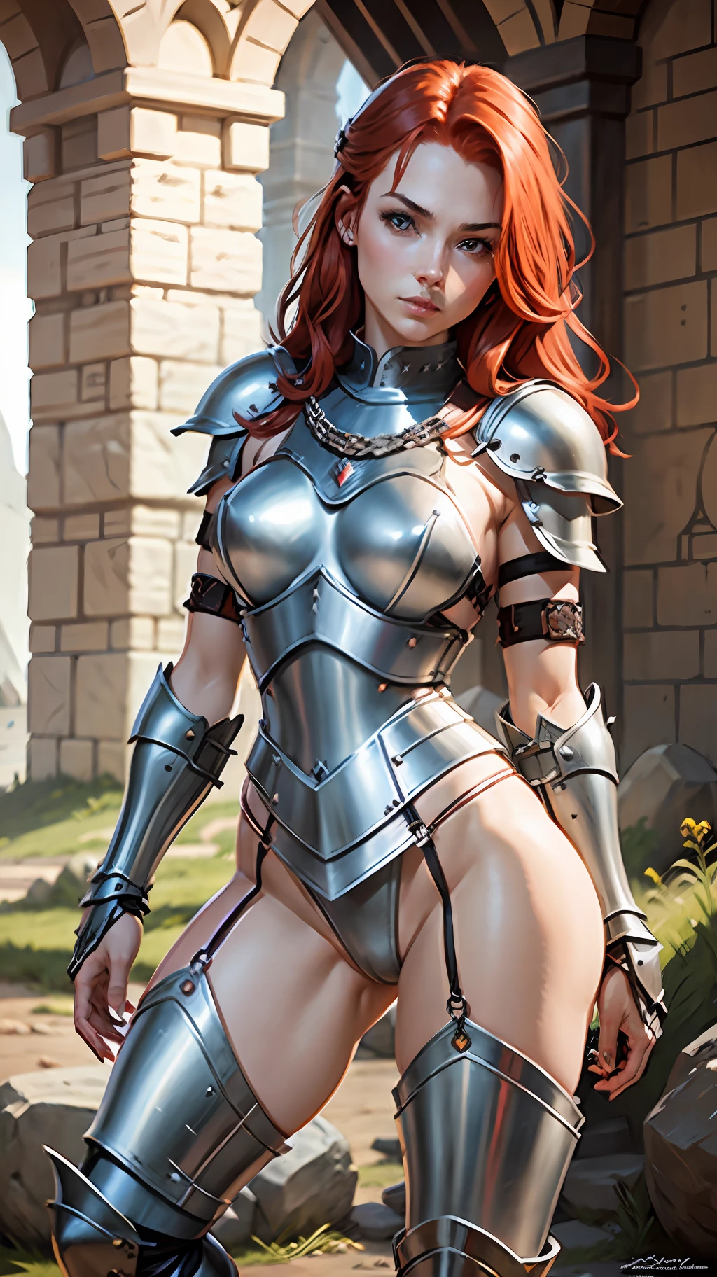Young warrior, redhead, chain mail, armor, steel breastplate, steel gauntlets, steel boots, no pants, no pants, panties, white panties, thong, cameltoe, medieval fantasy