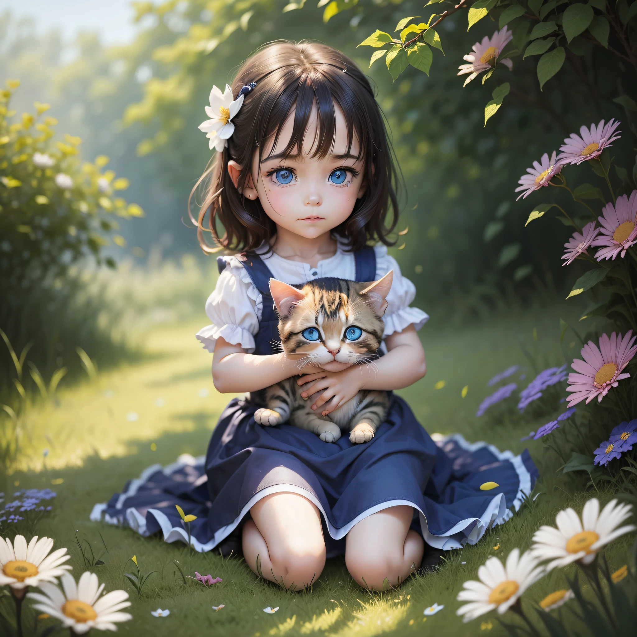 A with a small kitten, playing in the grass, holding flowers, happy and happy, perfect quality, clear focus, big blue eyes --auto --s2