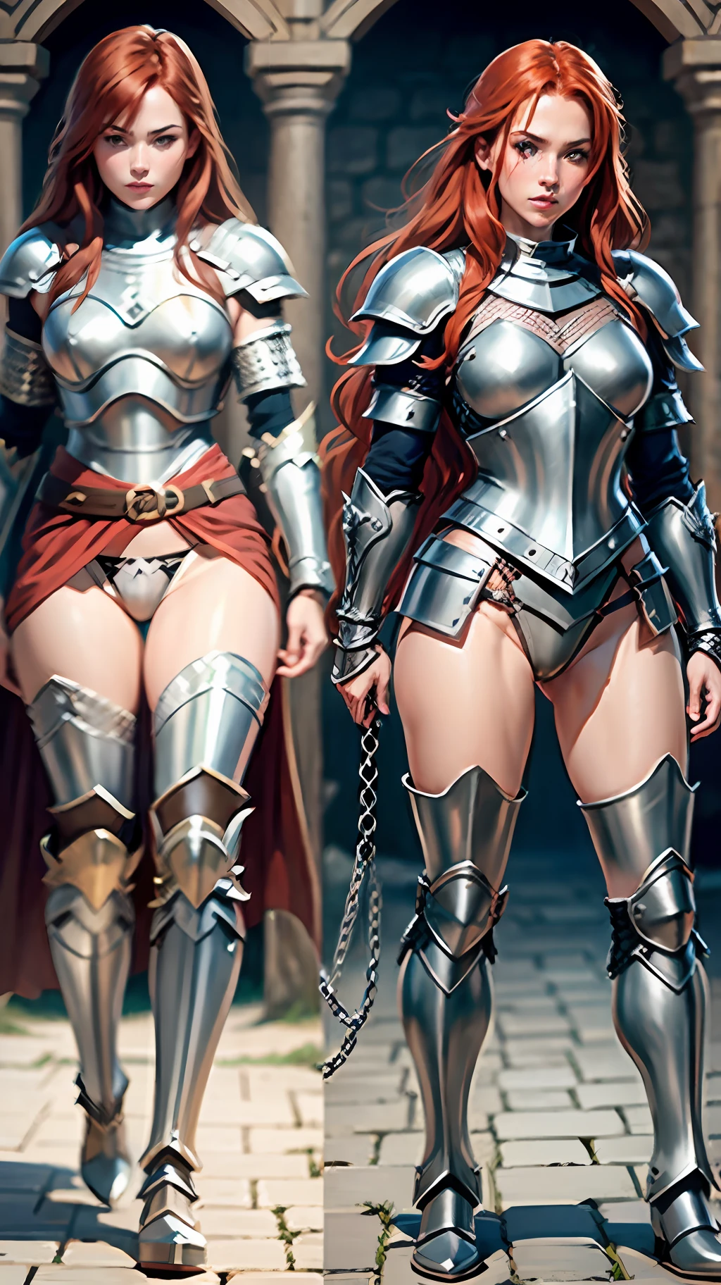 Young warrior, redhead, chain mail, armor, steel breastplate, steel gauntlets, steel boots, no pants, no pants, panties, white panties, thong, cameltoe, medieval fantasy