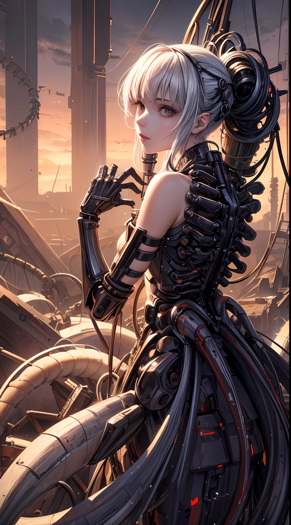 (((Masterpiece))), ((Best Quality)), (Super Detail), (CG Illustration), (Very Evil and Beautiful)), Cinematic Light, ((1 Mechanical Girl)), Single, (Mechanical Art: 1.4), ((Mechanical limb)), (Blood vessel attached to a tube), ((Mechanical spine attached to the back)), ((Mechanical cervical vertebrae attached to the neck), (Back to the viewer)), expressionless, ( Wires and cables attached to the head and body: 1.5), Science Fiction, Apocalypse, Ruins, (Lower Body Integrated with Mechanical Devices), (Blood: 1.5), Cruelty, Absurdity, Eroticism, Fusion with Machines, Doomsday Time, Super Future, Inorganic, Laboratory, Restraint, (Beautiful Indulgence: 1.2), (1 Girl: 1.3), Body Wrapped Around Mechanical Tentacles