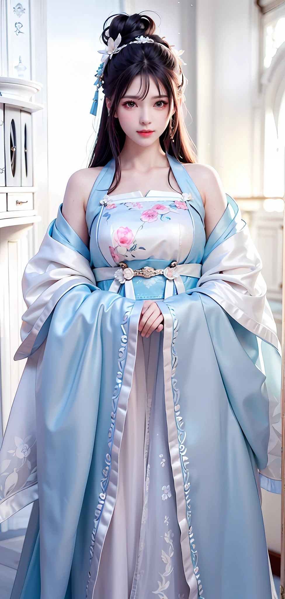 [:(High detail face: 1.2):0.1], (8k, RAW photo, best quality, mastery:1.2), (realistic, photo-realistic:1.37), (((back))),((upper body) ), Best Quality, HDR, Cinematic Lighting, Natural Lighting, Best Quality, Masterpiece, High Resolution, 1girl, Porcelain Dress, Hair Accessories, Necklace, Jewelry, Beautiful Face, Physically, Tyndall Effect, Realistic, dark studio, edge lighting, duotone lighting, 8k uhd, dslr, soft light, high quality, volumetric lighting, photo, high resolution, 4k, 8k, bokeh, ((hanfu)),