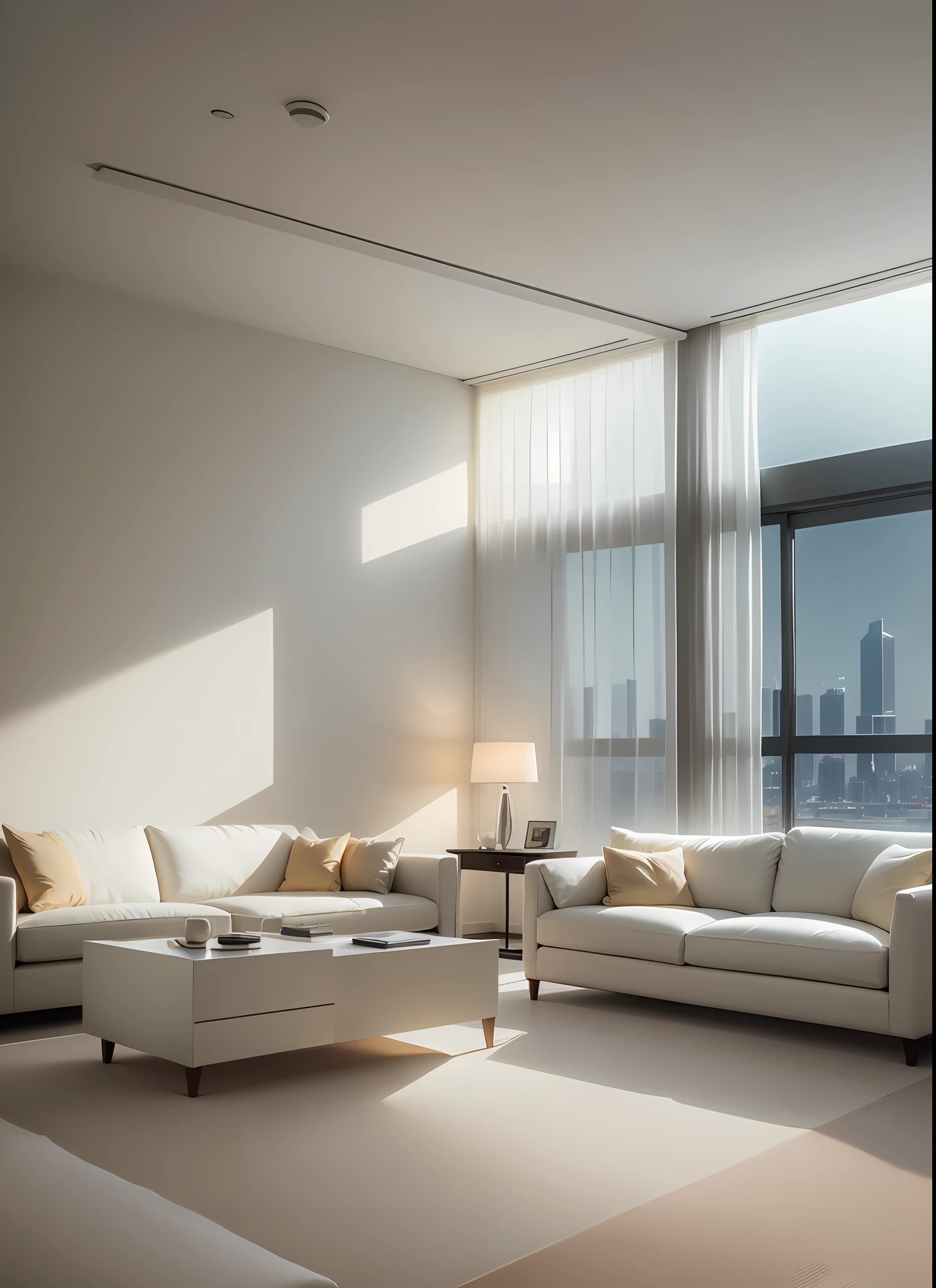 Living room view of empty high floor, far view, far view with cream white sofa, cream white table, light background wall, cream style, large carpet, fabric sofa, atmospheric perspective f/16 negative space movie lighting minimalist ultra HD high detail high quality 8k --iw 1 --auto --s2