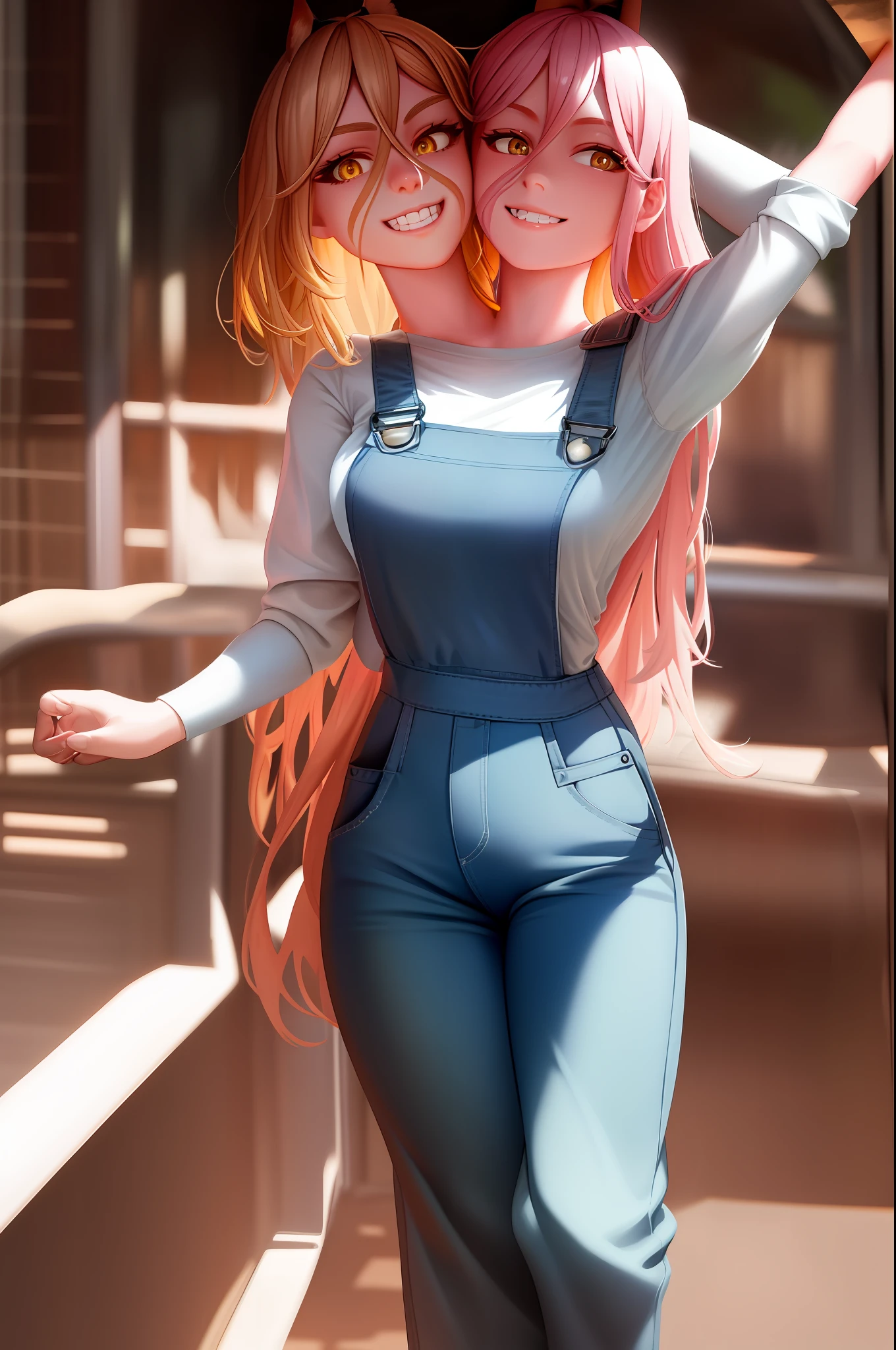 Conjoined, 2heads,4k, fine detail, ultra high resolution, detailed face, delicate eyes, gradient eyes, gradient hair, light tracing, real skin, beautiful skin,
1girl, Overalls, Strap work Pants,
A cat
The upper body,
Smile and look into the camera