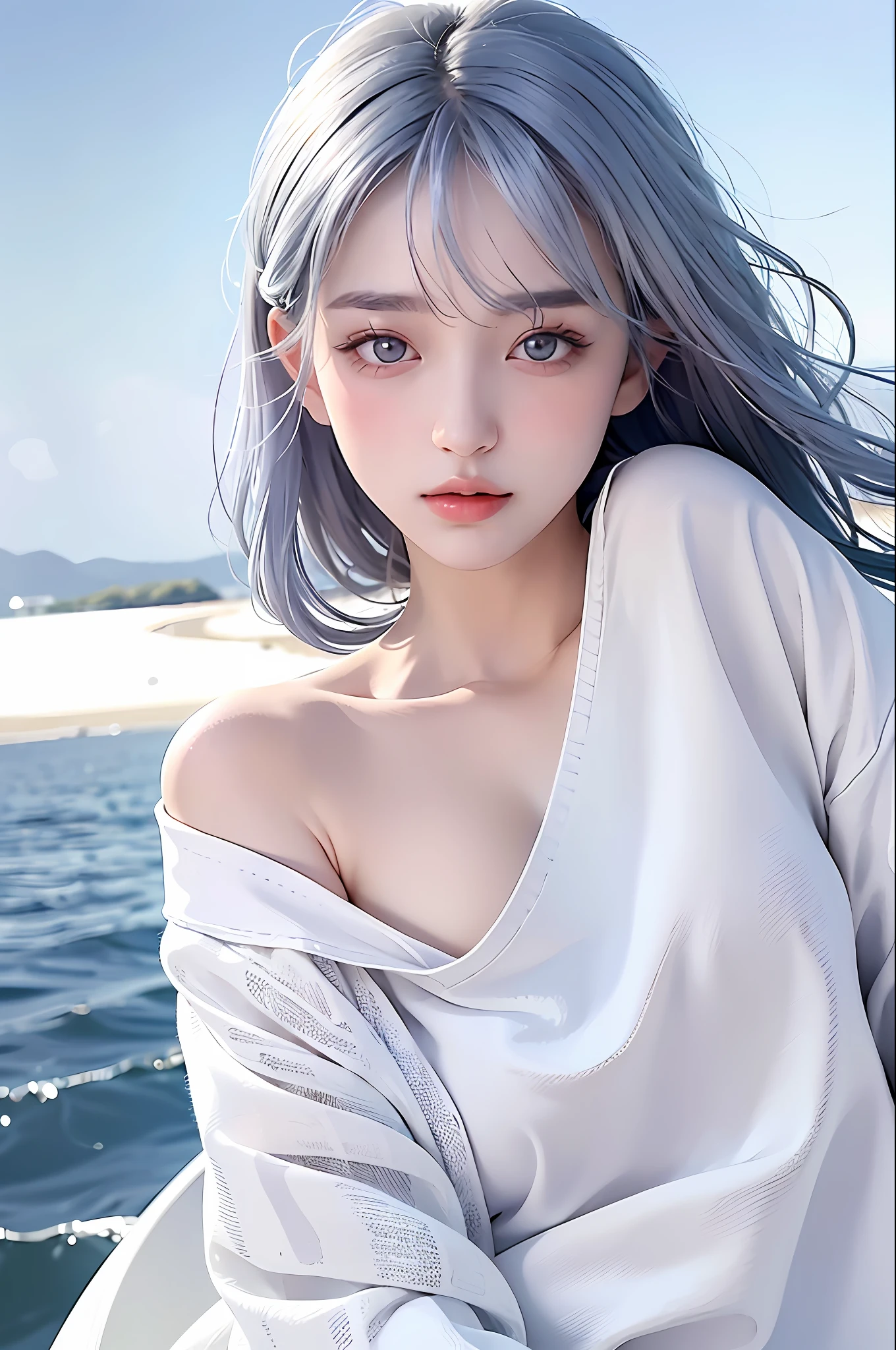 white clothes, white, white, snug size shirt, white, mature, big, photorealistic, high resolution, 1 girl, gray hair, korean, heterochromic eyes, small moles under eyes, big, blue hair, beach, outdoors, wharf, 25 years old