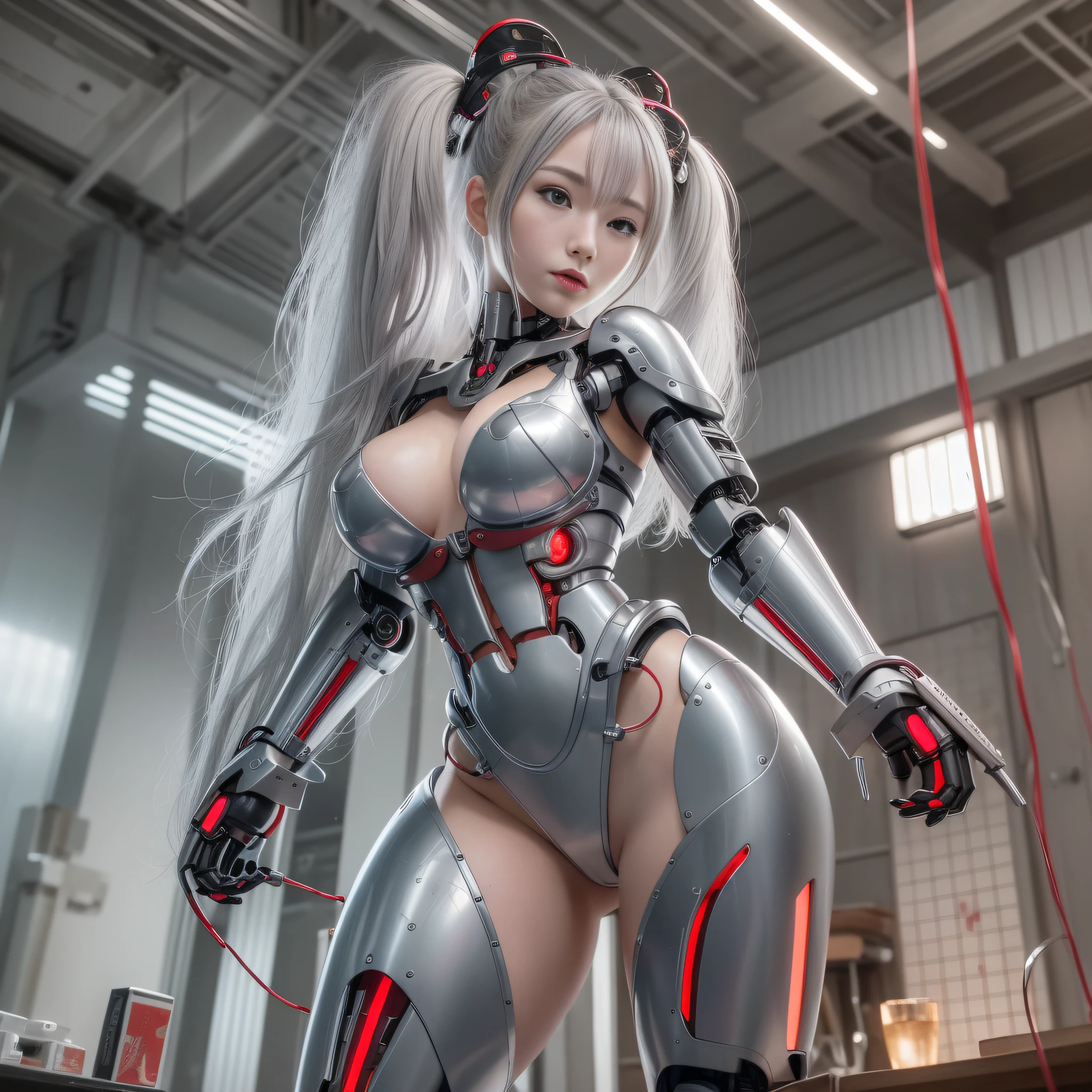 Beautiful Face,Face is Japan, 1 Woman, Big, Curvaceous, (8k, RAW Photo, Best Quality, Masterpiece: 1.2), (HDR, Realistic, Photorealistic: 1.37) (Blood vessel attached to tube), (Bikini Cyborg Robot Parts)))), (Light Grey Hair), Long Hair, Wavy Hair, Twin Tails, Medium Shot, ( Seductive smile)), (black eyes), princess cut,from below,(whole body),posing,,inside the lab,( blood vessel connected to a tube),((mechanical vertebrae attached to the back)),((mechanical neck attached to the neck)),(wire cable attached to the head and body),(character focus),science fiction,perfect female figure,perfect anatomy,ultraanatomy, Full body shot,