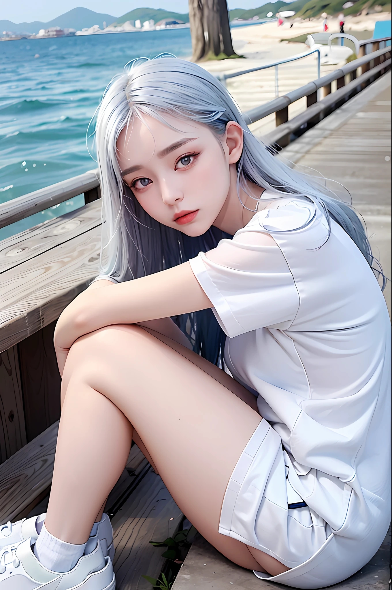 white clothes, white, white, snug size shirt, white, mature, big, photorealistic, high resolution, 1 girl, gray hair, korean, heterochromic eyes, small moles under eyes, big, blue hair, beach, outdoors, wharf, 25 years old