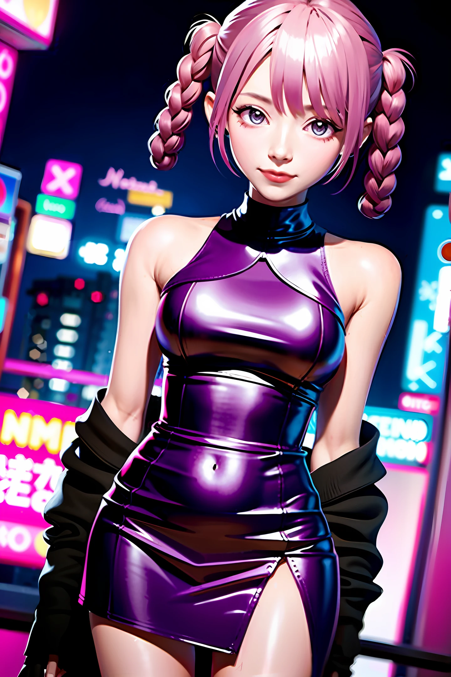Yae Miko pink hairstyle, short female, purple eyes, modern clothing, nightclub