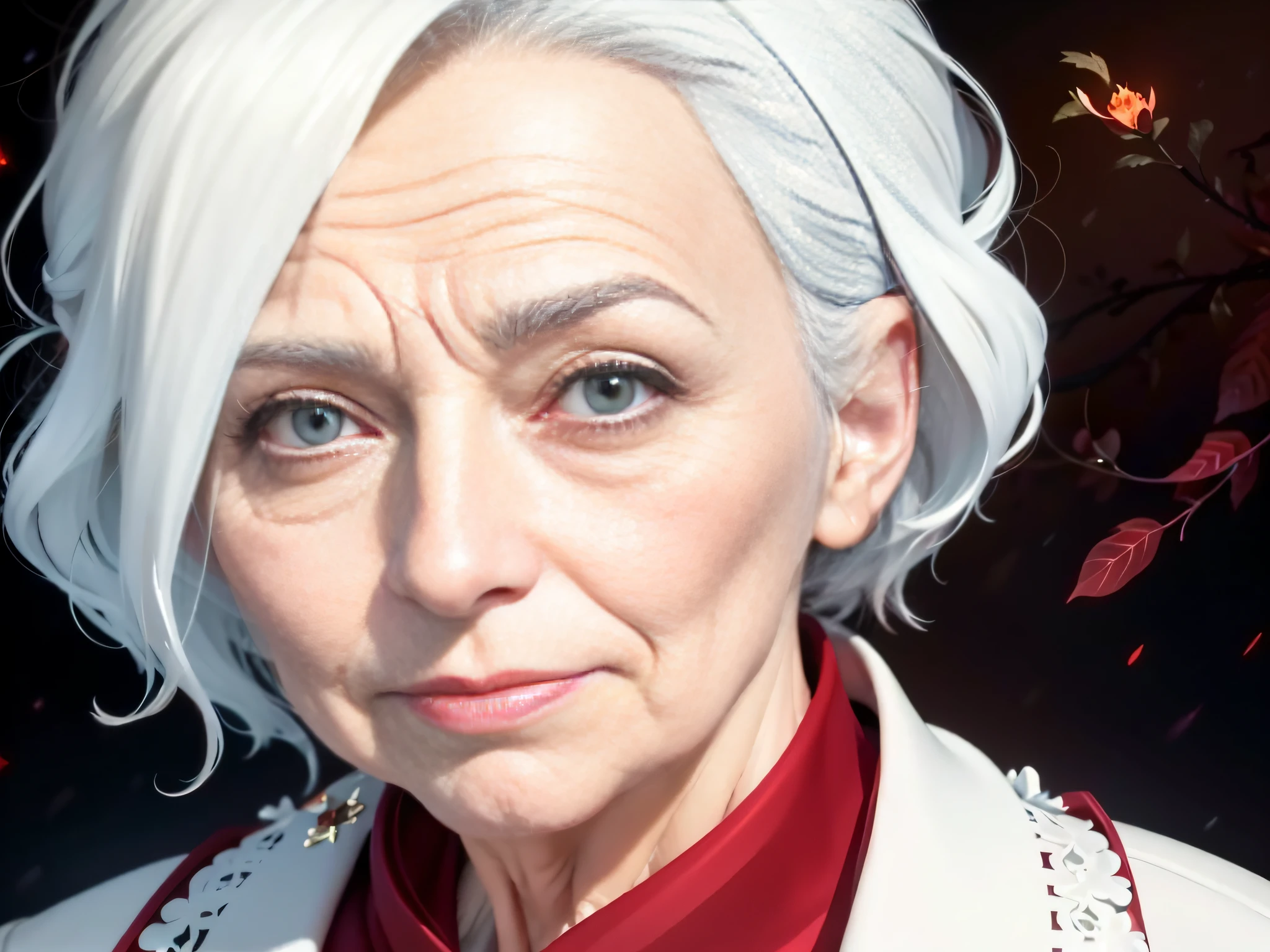 there is a woman with white hair and a red scarf, white haired lady, old lady cyborg merchant, character portrait closeup, closeup character portrait, detailed character portrait, character art closeup, inspired by senior character artist, martin ansin artwork portrait, character art portrait, mother of witchers, a character portrait, white-haired, character portrait art, valentina remenar