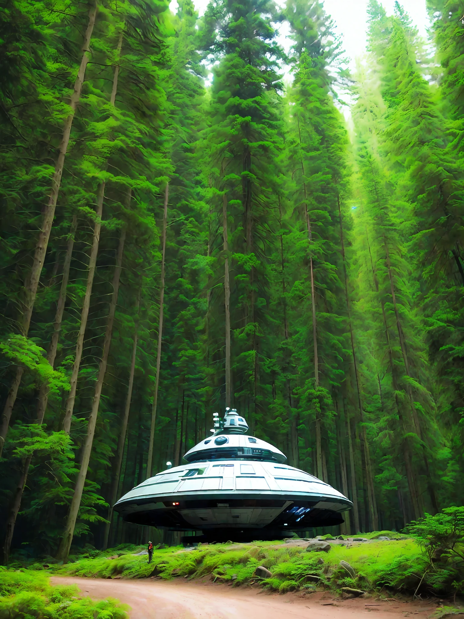 alien space ship landing at a station in an evergreen forest in the style of Star Wars 4k --ar 16:9