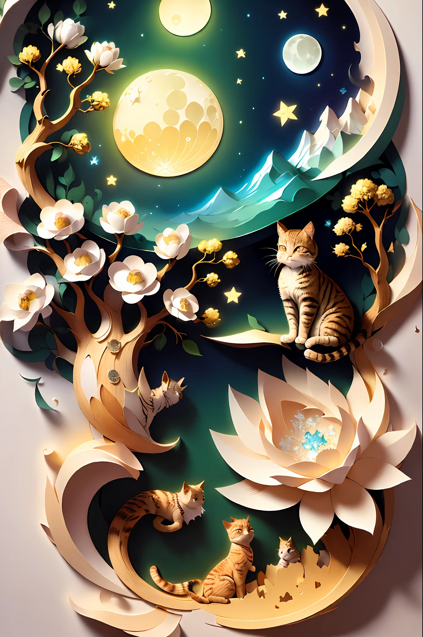 ((((masterpiece))), best quality, illustrations, beautiful details glow,
paper_cut, cat, tree, moon,