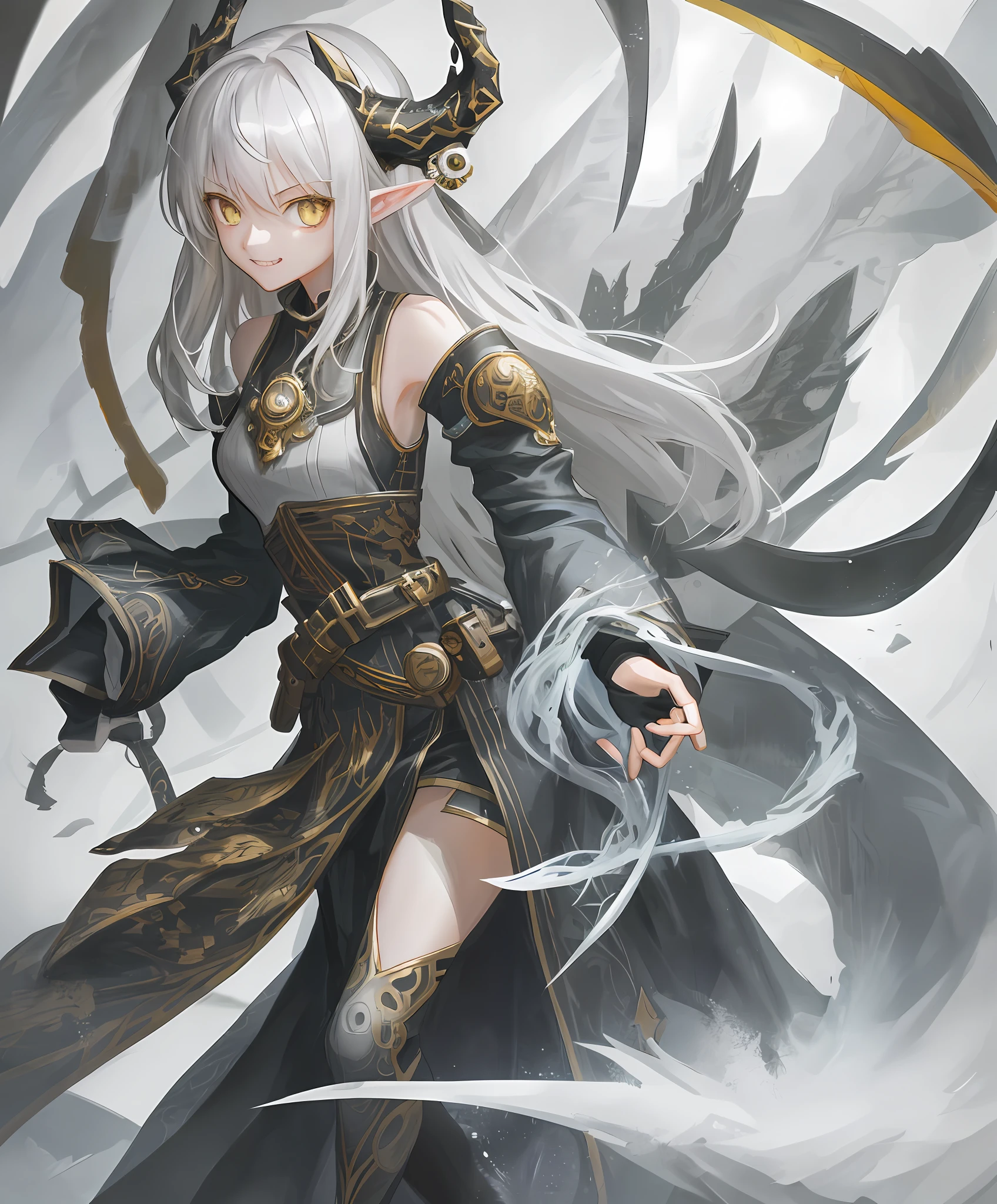 2D, masterpiece, best quality, anime, highly detailed face, highly detailed eyes, highly detailed background, perfect lighting, full body, 1girl, solo, dragon girl, incredibly detailed face and neck scales, dragon horns, bare shoulders, sharp teeth, standing, barefoot, incredibly detailed shoulder scales, incredibly detailed forearm scales, cute smile, incredibly detailed yellow cat eyes, white hair, incredibly detailed black locks, pointy ears, medium hair, tomboy girl, highly detailed character, girl, young girl
