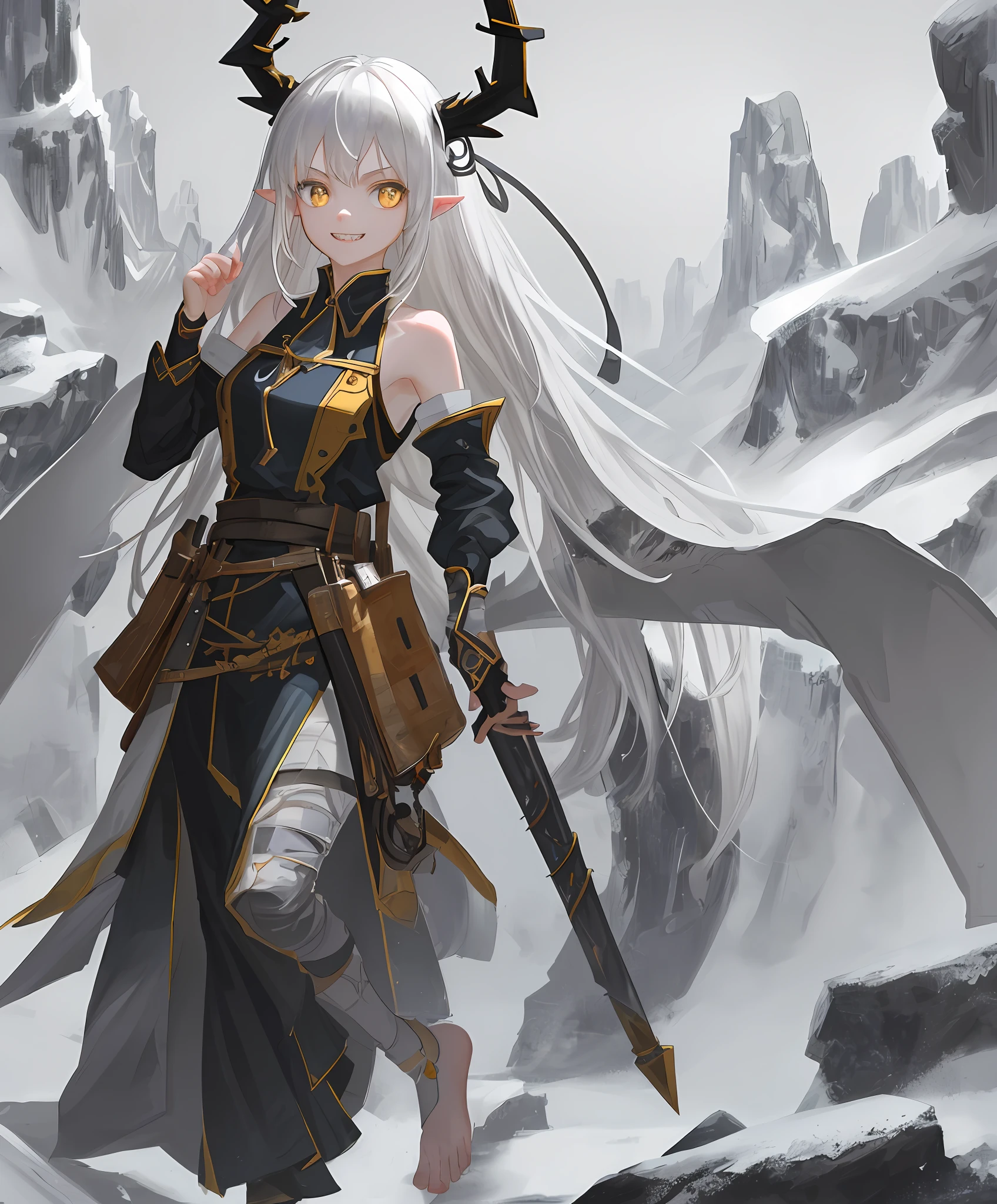 2D, masterpiece, best quality, anime, highly detailed face, highly detailed eyes, highly detailed background, perfect lighting, full body, 1girl, solo, dragon girl, incredibly detailed face and neck scales, dragon horns, bare shoulders, sharp teeth, standing, barefoot, incredibly detailed shoulder scales, incredibly detailed forearm scales, cute smile, incredibly detailed yellow cat eyes,  white hair, incredibly detailed black locks, pointy ears, medium hair, tomboy girl, highly detailed character, teen girl, young girl