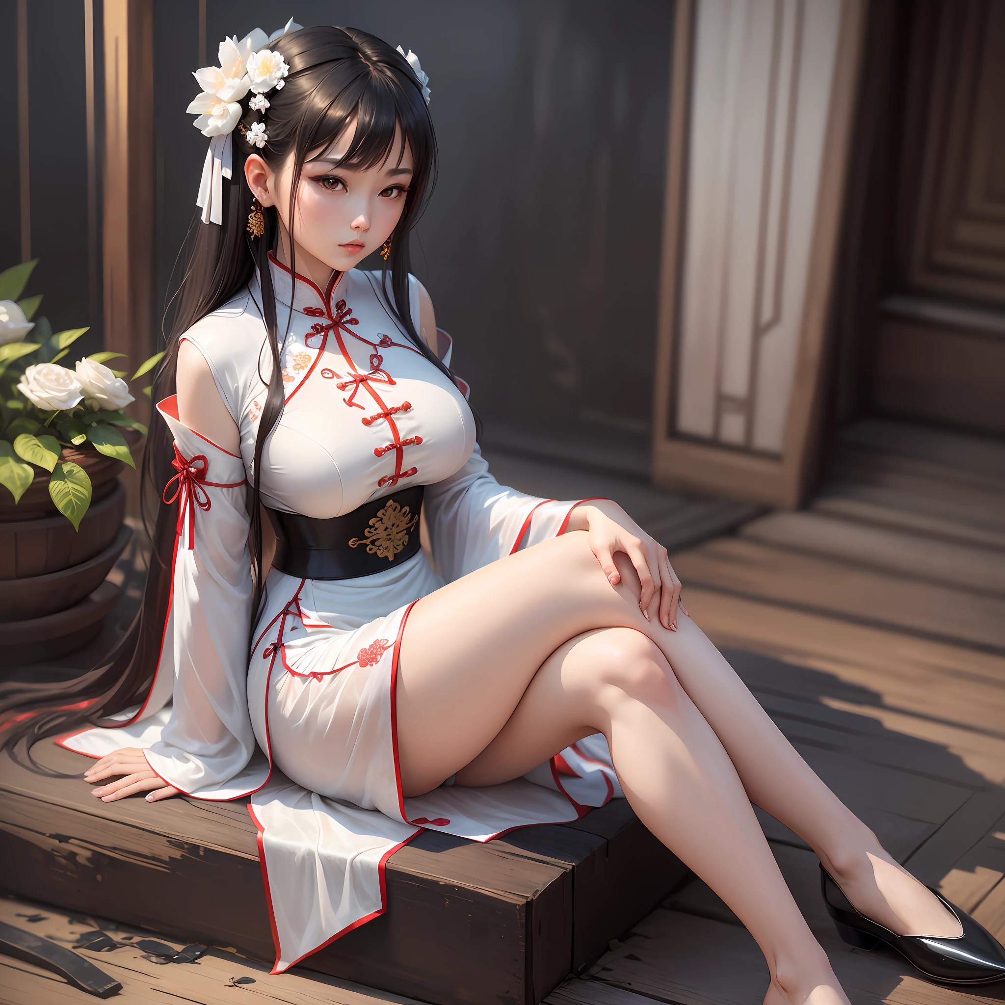 1 girl, sitting cross-legged, sexy seductive pose, (single, full-body, young, big breasts: 1.2), detailed face, Chinese woman in white dress, black tie and white shirt, white hanfu, traditional Chinese clothing, cheongsam, wearing ancient Chinese clothing, long and flowing clothing, Chinese style, long skirt, hanfu
