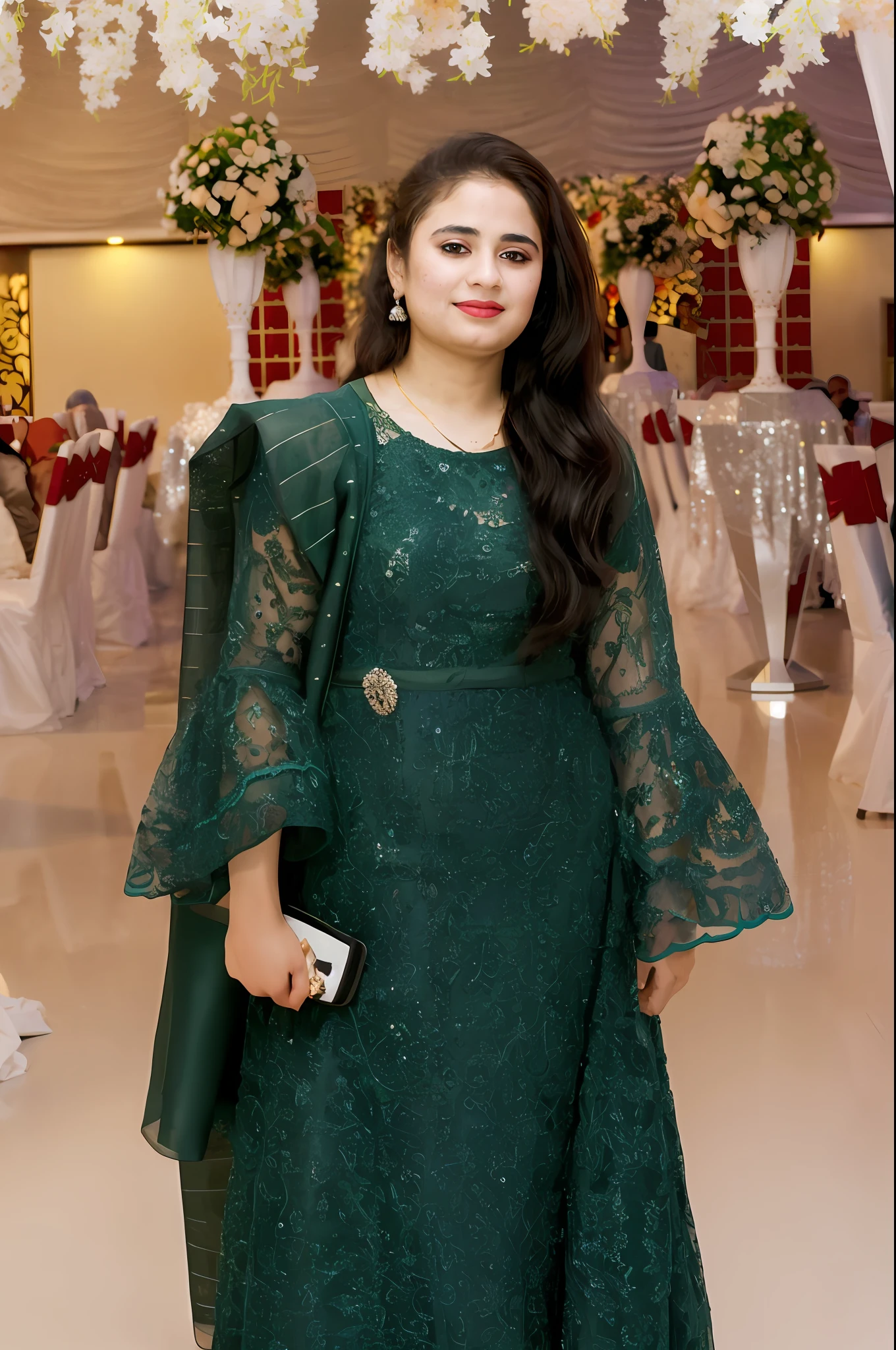 araffe woman in green dress standing in a room with tables and chairs, inspired by Ambreen Butt, dark green, full body green dress, an elegant green, ornate dark green clothing, green dress, dark green dress, wearing green, wearing organza gown, gown, modest flowing gown, wearing long gown, kyza saleem, 🤬 🤮 💕 🎀
