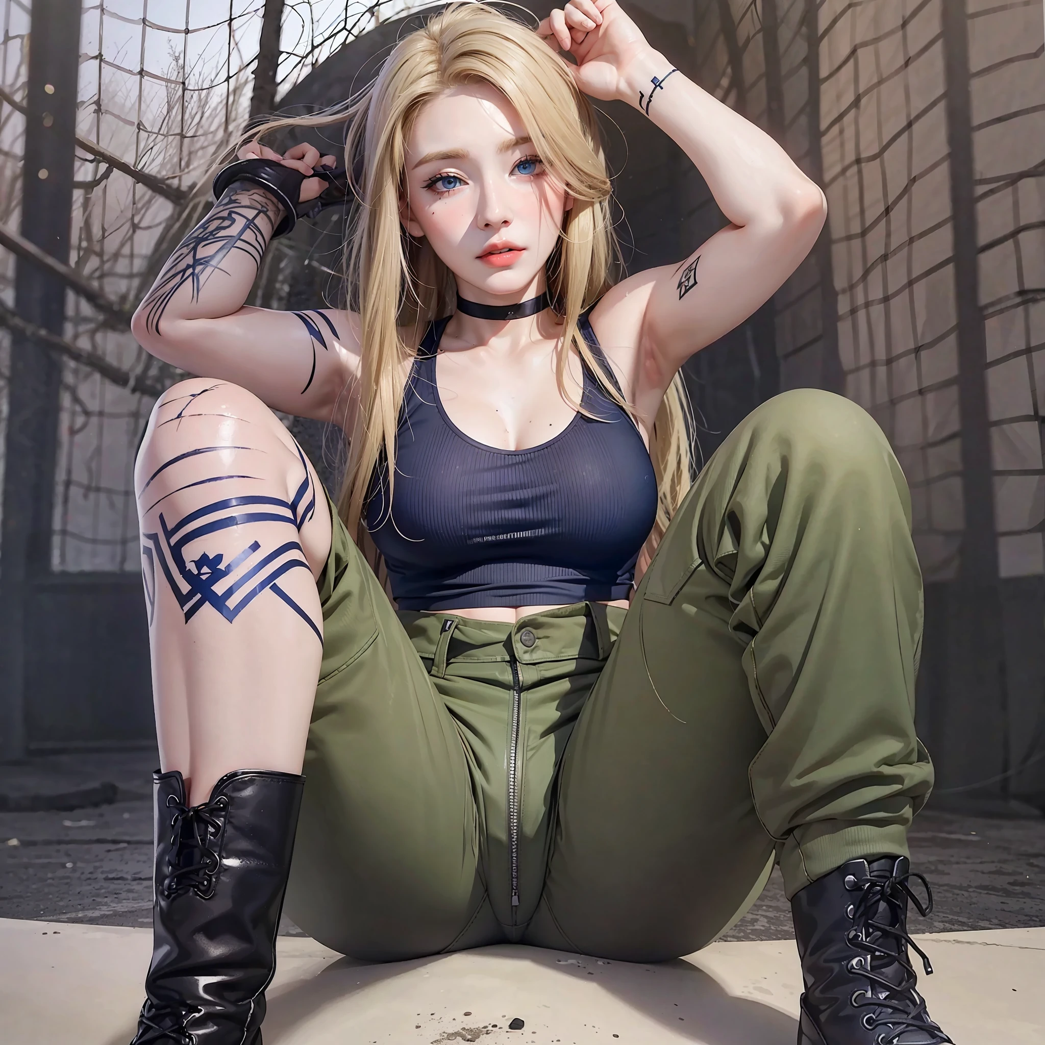 "Realistic Russian girl, age 18, face is blushing and her lips are glossy, realistic portrait, masterpiece of the best quality, Beautiful soldier girl , wearing soldier outfit, black tank top, very white skin, blonde long hair, scar, mole, medium breast, She ties her hair with her hand to ponytail, two hands up behind the head , sunlight, blue eyes, eyeliner, beautiful eyelashes, In the army, female soldier, female soldier clothing , full body shot, Bruises on the skin , scars on the face and cuts, long soldier pants, Boot shoes, techwear, Training camp background, tattoos