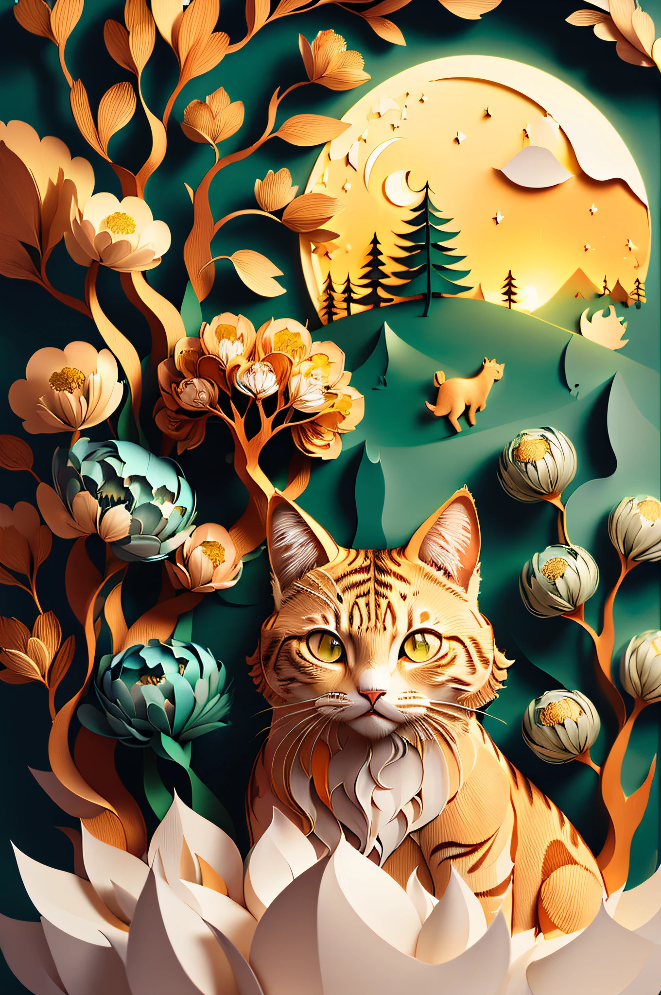((((masterpiece))), best quality, illustrations, beautiful details glow,
paper_cut, cat face details clear to the camera, tree, moon,