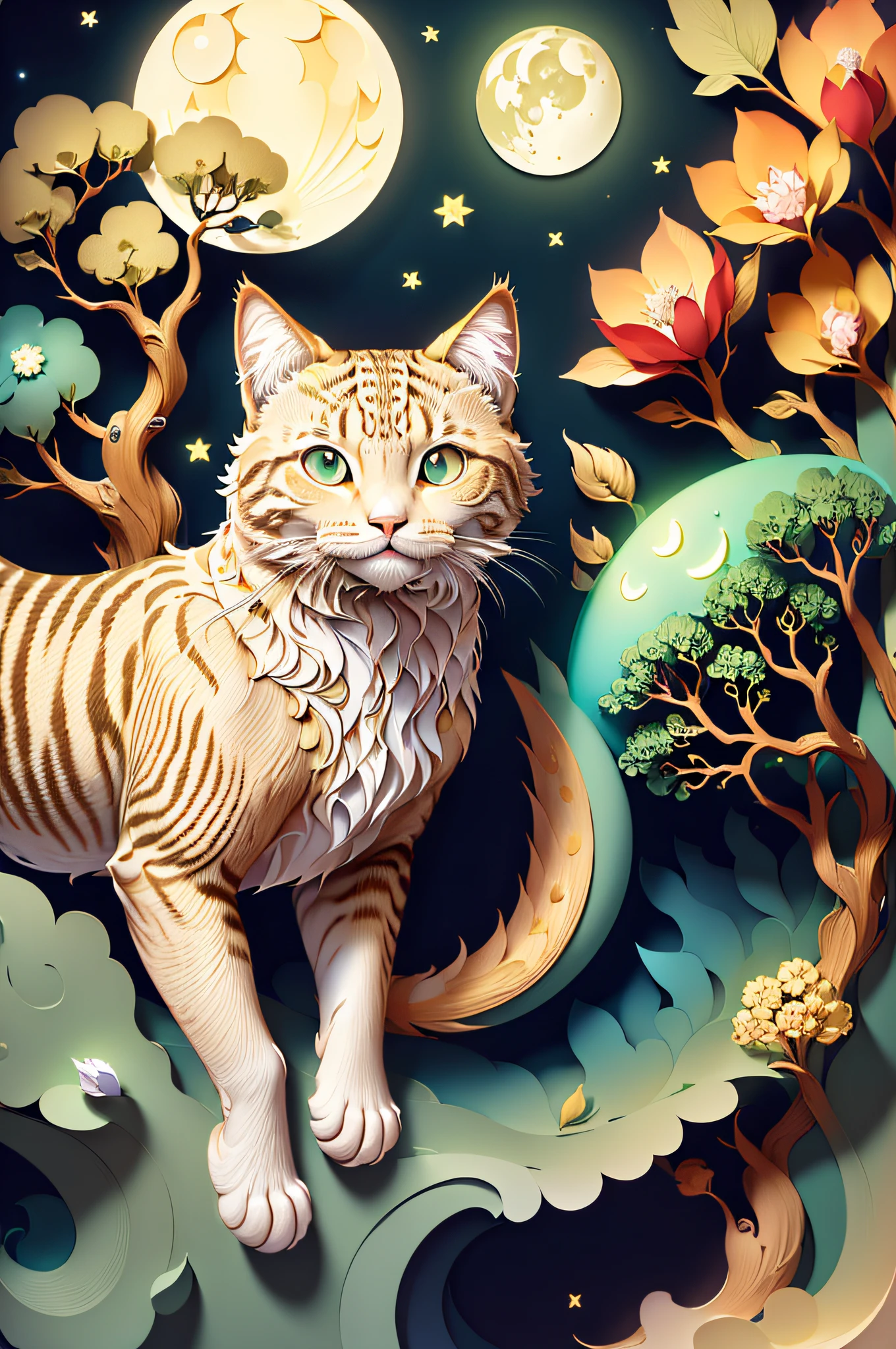 ((((masterpiece))), best quality, illustrations, beautiful details glow,
paper_cut, cat face details clear to the camera, tree, moon,