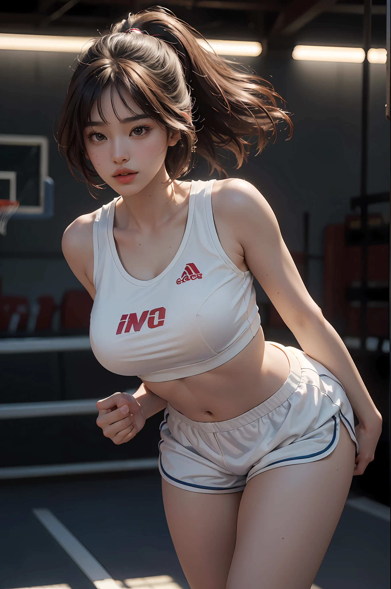 (RAW photo, 4k, masterpiece, high resolution, extremely complex) (realistic: 1.4), cinematic lighting Delicate girl with delicate facial features, oversized breasts
1 Girl, Single Focus, Summer Noon, Hot, 1990s\(Style\), White skin, Oversized breasts, Shorts, Sweat, (best quality), (Highres), (an extremely delicate and beautiful),,(Beautiful 8k face),(Brown eyes),(ulzzang-6500:1.0),(solo),( looking side),(spectators),(large breasts),(NBA),bent over,,lookside,(side), ,(Basketball sportswear),((Play basketball)),((gymnasium)),((speed)),(reality),
