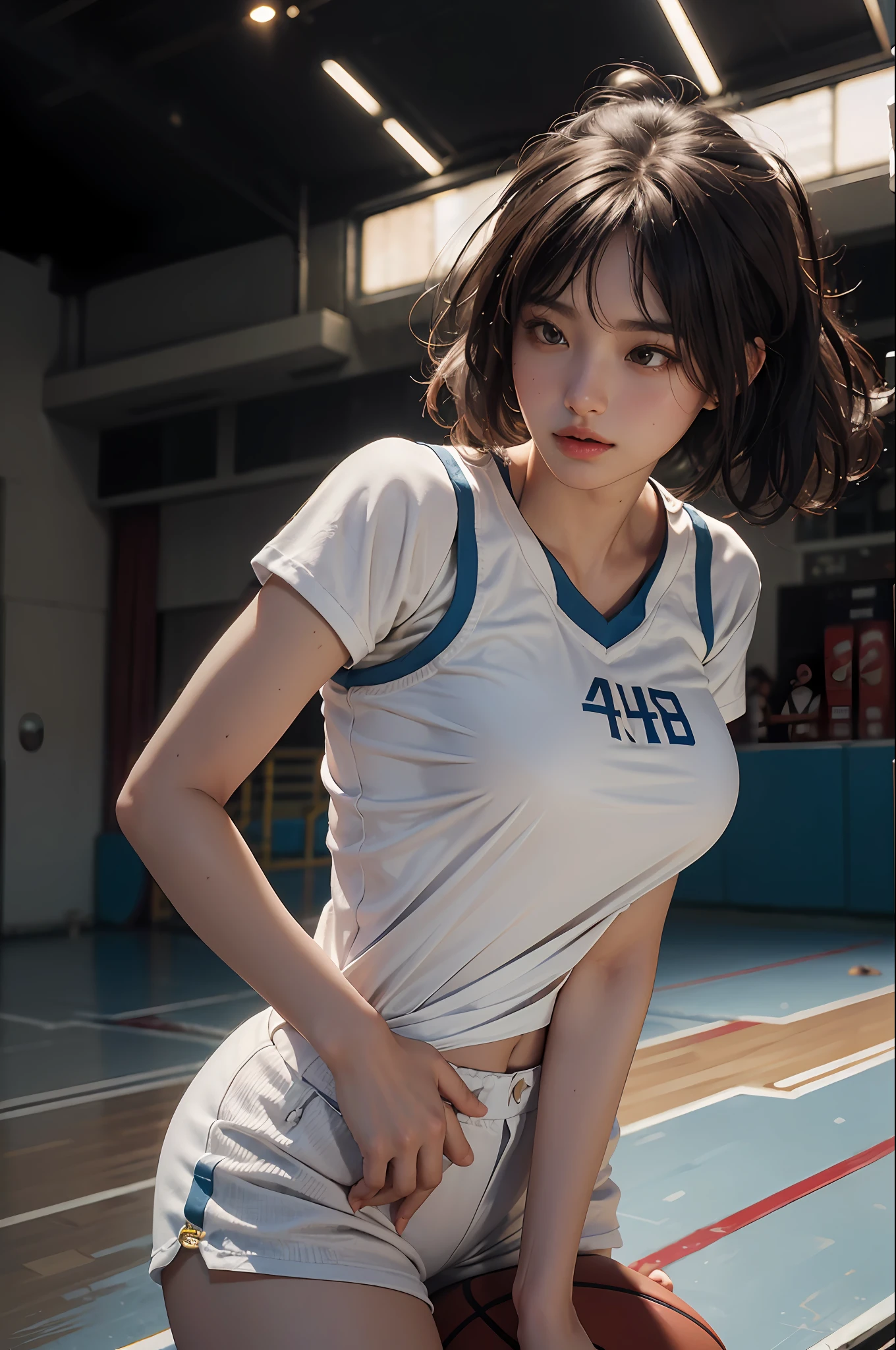 (RAW photo, 4k, masterpiece, high resolution, extremely complex) (realistic: 1.4), cinematic lighting Delicate girl with delicate facial features, oversized breasts
1 Girl, Single Focus, Summer Noon, Hot, 1990s\(Style\), White skin, Oversized breasts, Shorts, Sweat, (best quality), (Highres), (an extremely delicate and beautiful),,(Beautiful 8k face),(Brown eyes),(ulzzang-6500:1.0),(solo),( looking side),(spectators),(large breasts),(NBA),bent over,,lookside,(side), ,(Basketball sportswear),((Play basketball)),((gymnasium)),((speed)),(reality),