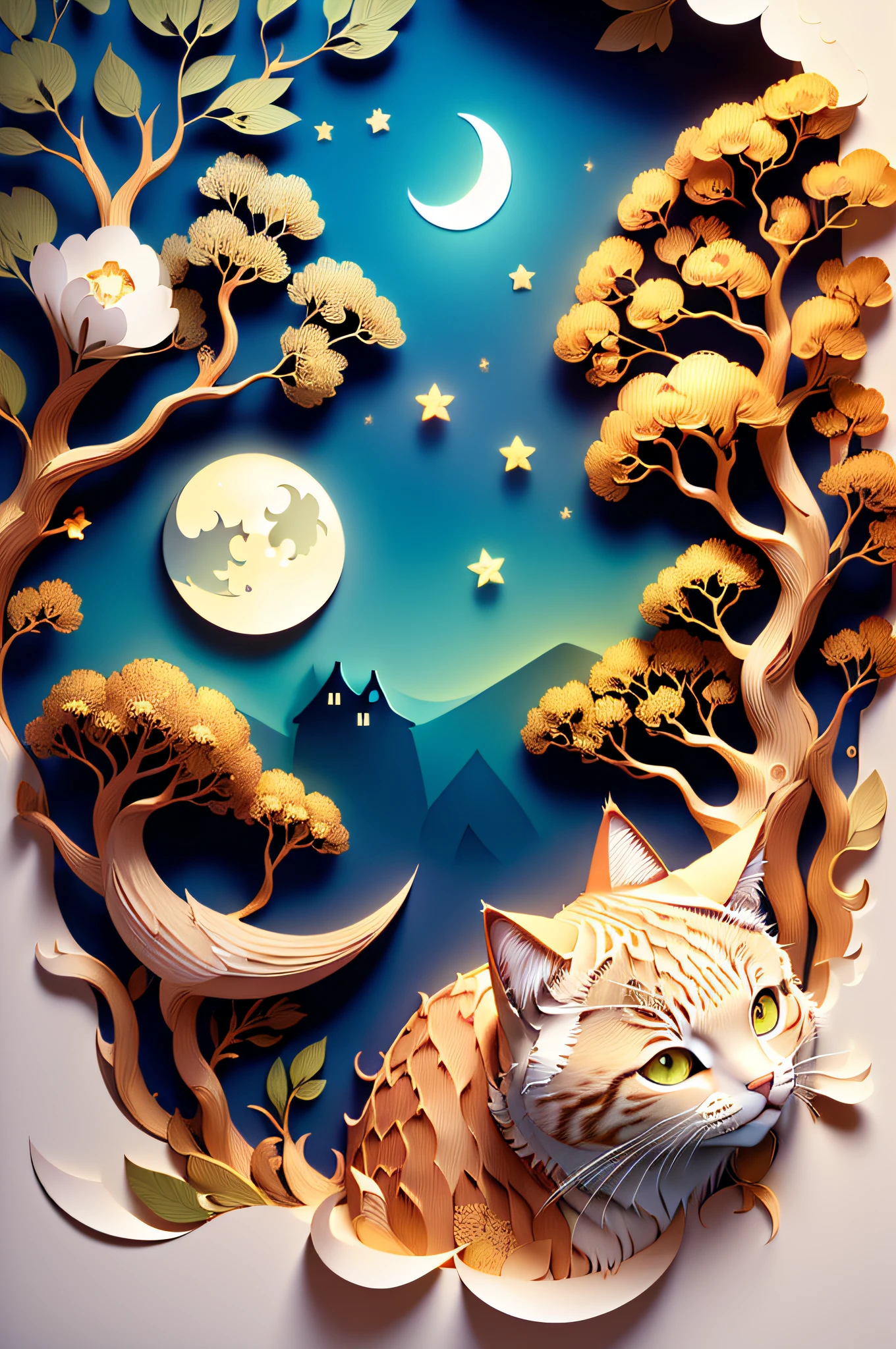 ((((masterpiece))), best quality, illustrations, beautiful details glow,
paper_cut, cat face details clear to the camera, tree, moon,