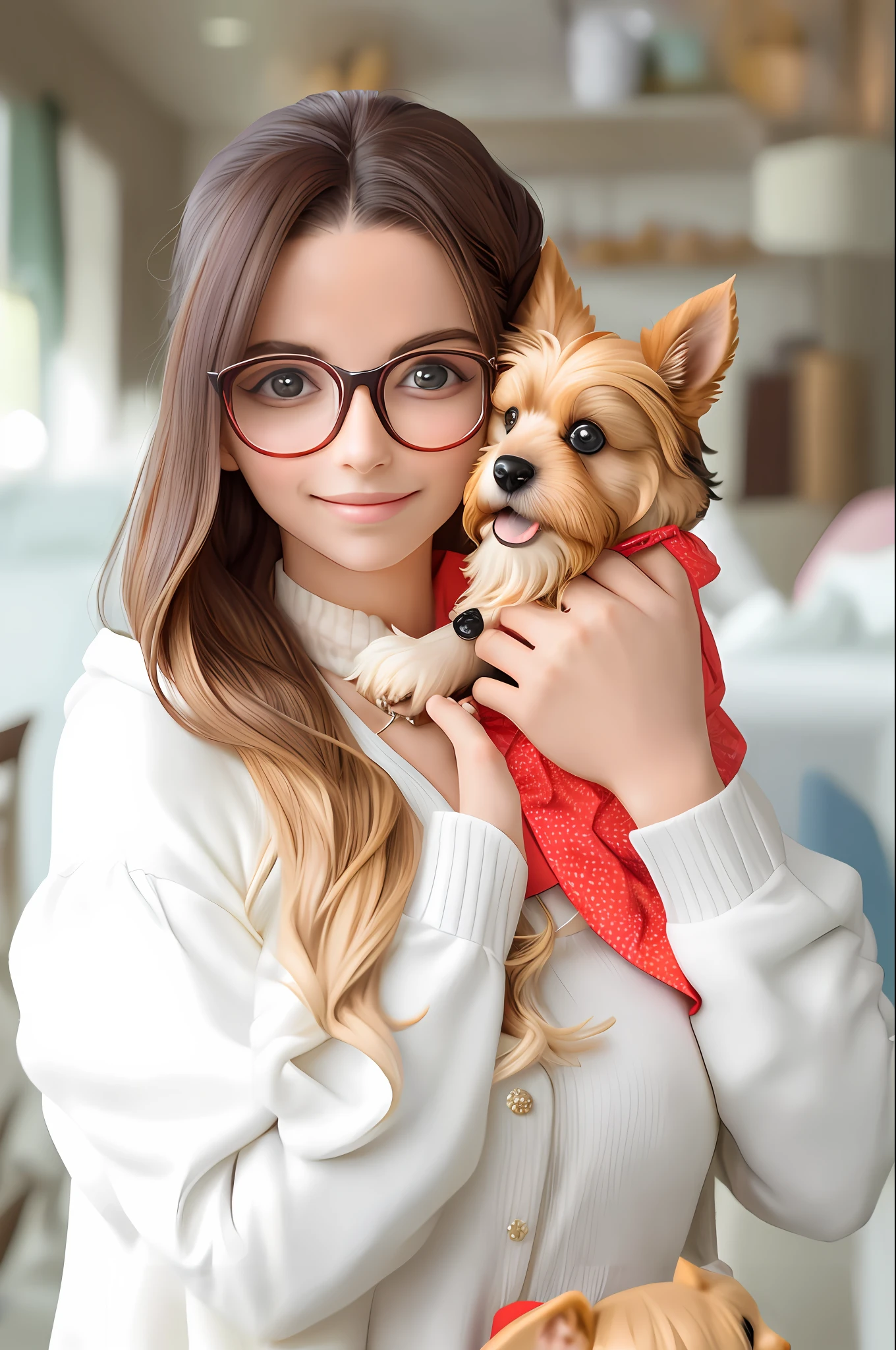 Glasses Aarafi woman holding a puppy in her arms, holding her Yorkshire terrier,