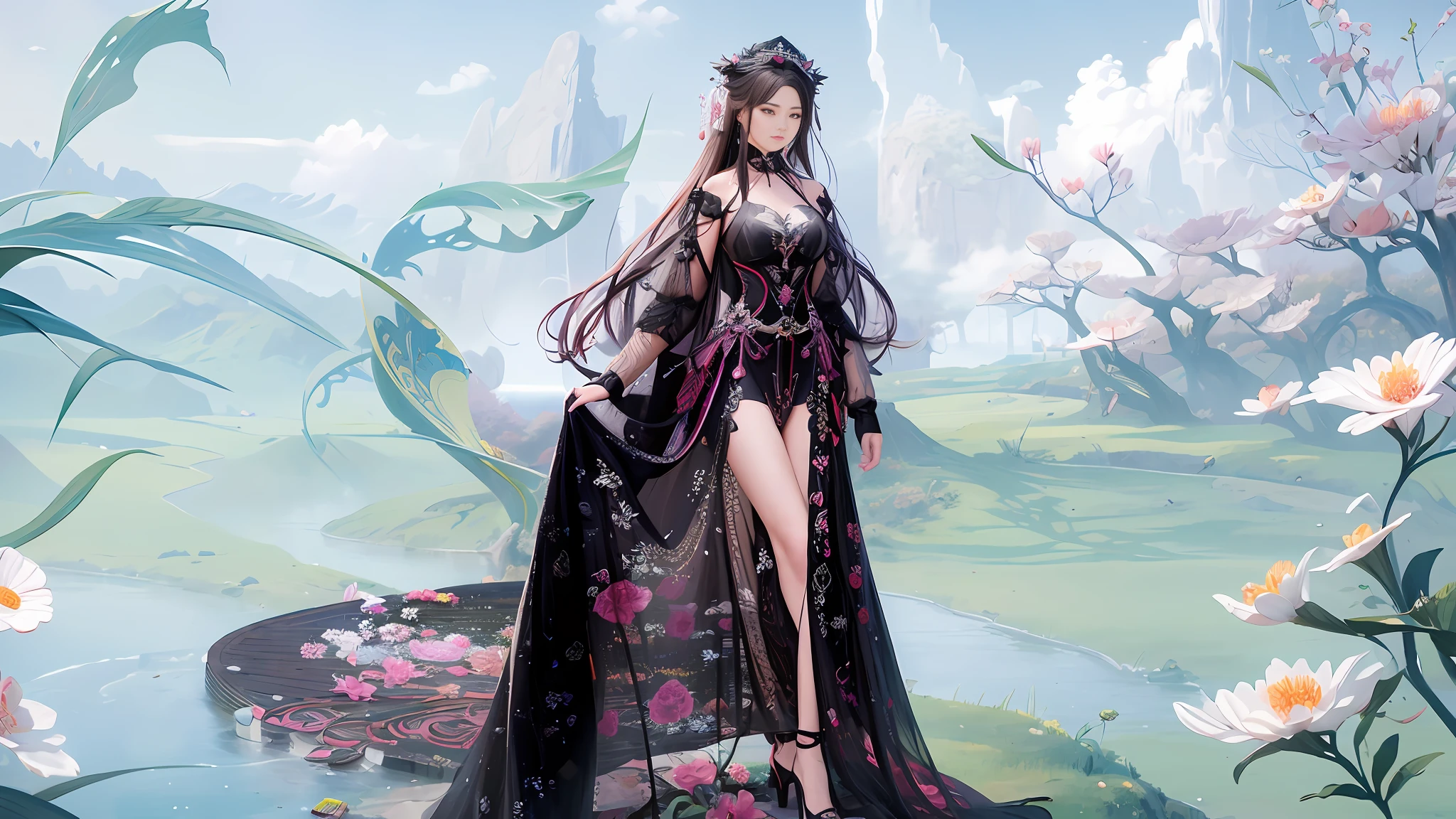 there is a woman in a black dress standing in a field, a beautiful fantasy empress, guweiz, ((a beautiful fantasy empress)), full body xianxia, artwork in the style of guweiz, the non-binary deity of spring, inspired by Lan Ying, inspired by Ai Xuan, goddess of spring, inspired by Ma Yuanyu