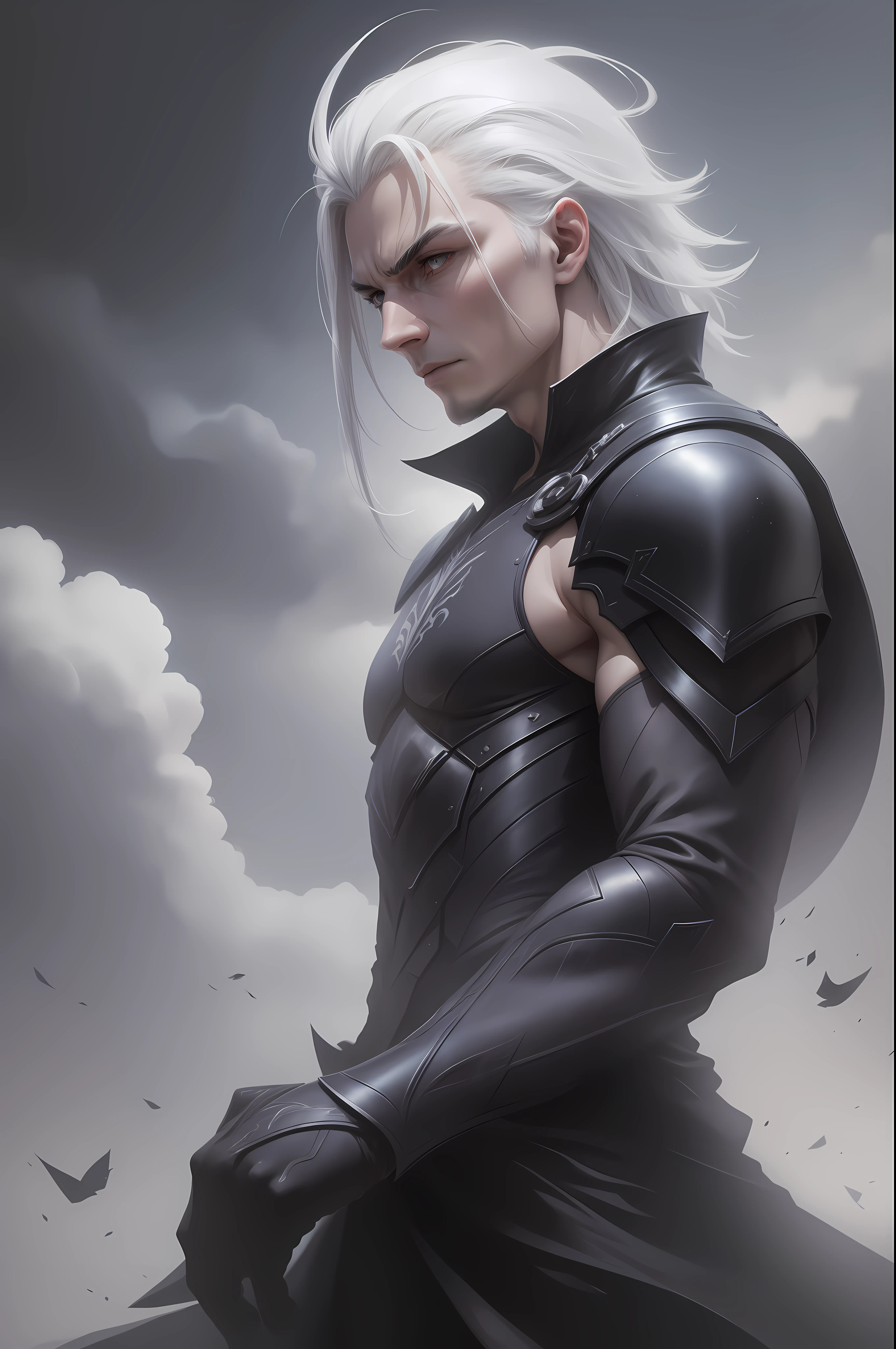 Create an image of Zed, the Master of Shadows from the game League of Legends, in the ultra-realistic photographic style. Portray him in a dynamic and agile pose, demonstrating his mastery of shadows. Highlight their black clothes and intricate details on their blades, highlight the brightness and realism of their white hair. Create a play of light and shadows that underscores your dark and mysterious nature. Add a smoke or mist effect around it, conveying the sense of its hidden power. Be sure to capture the intensity of your gaze and your confident posture.