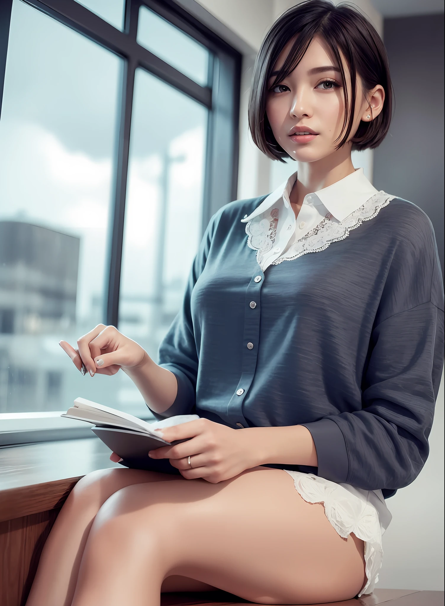 (8k, Best Quality, Masterpiece: 1.2), (Realistic, Photorealistic: 1.37), Super Detailed, 1 Girl, Cute, Alone, Beautiful Detailed Sky, Detailed Cafe, Night, Sitting, Date, ( Nose blush), (smile: 1.15), (close mouth) small breasts, beautiful details, (collared shirt: 1.1), night, wet, business wear, rain, white lace, (short hair: 1.2), floating Hair NovaFrogStyle,