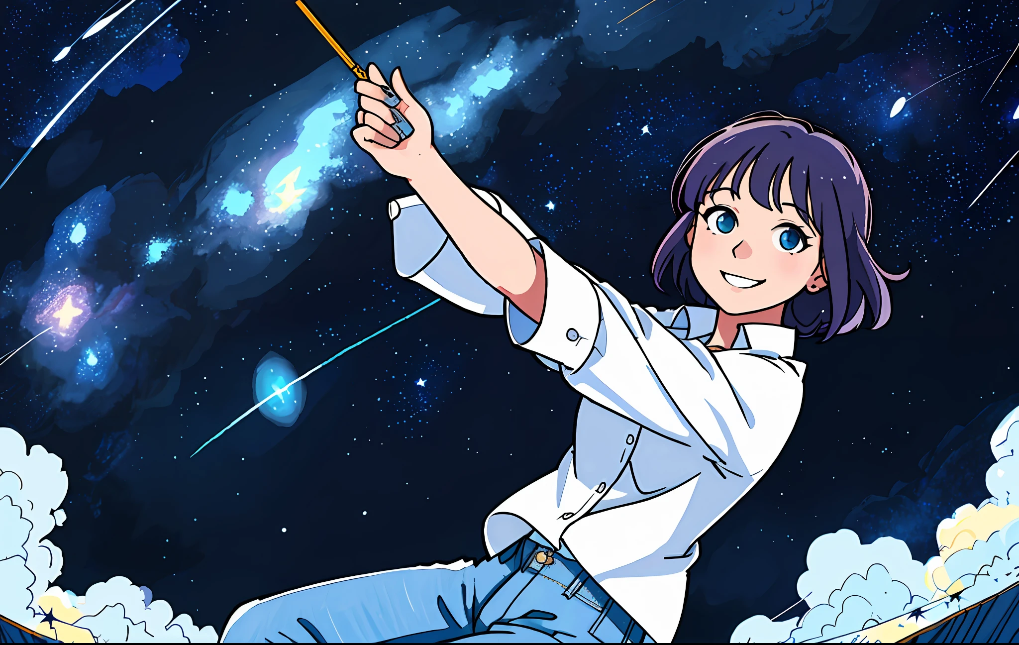 a woman in a white button-down blouse and jeans, HD, (Smiling), (Starry design), Starry sky background, Artwork, Magestuous, Beautiful, (drawing style by yosuke murata)