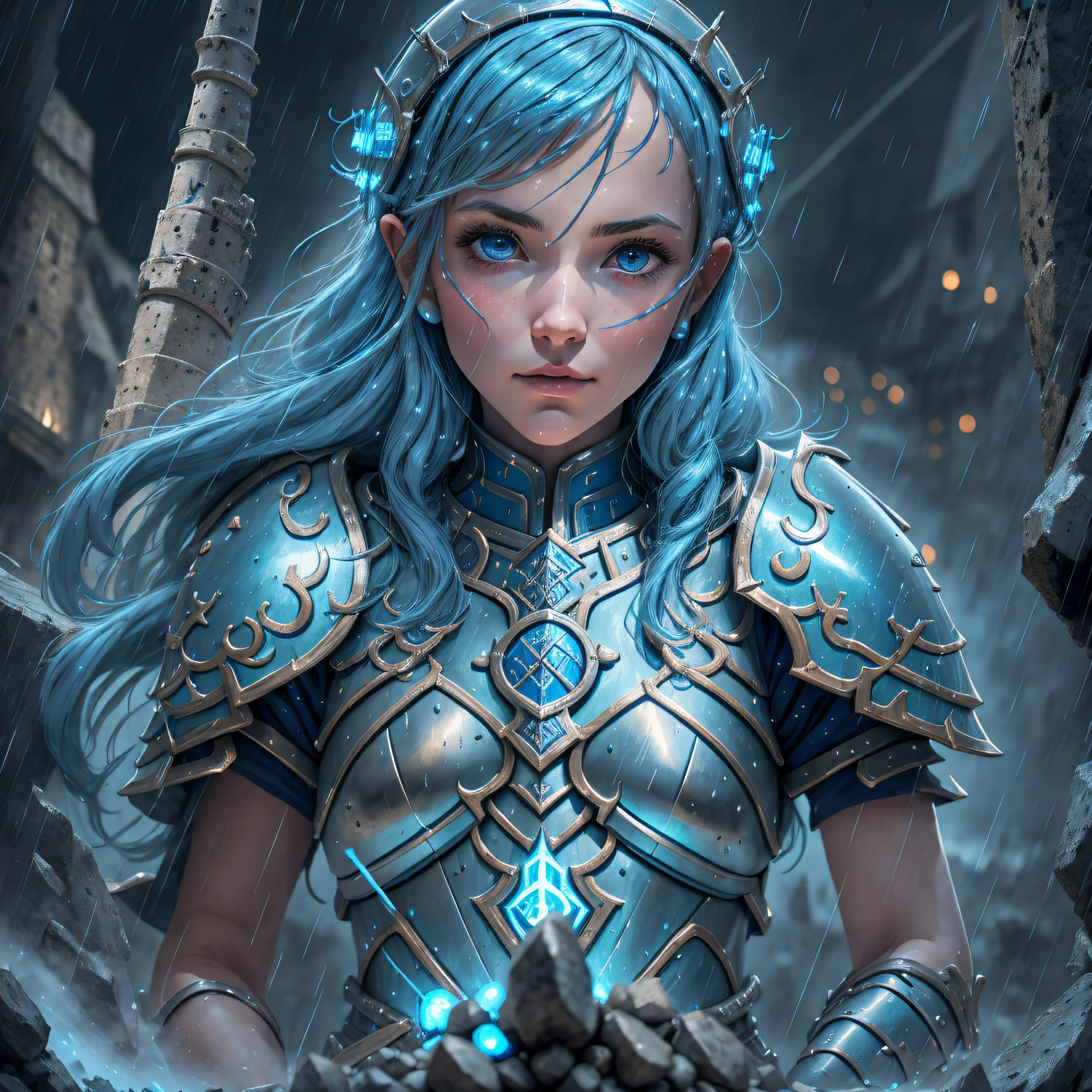 girl, light Blue hair, withe and blue armor, guerreiros portadores da luz, cidade medieval, escura, batalha, épico, guerra, Surrealism, 8k, super detail, war, battle, darkness, rain, night, fight, torchs, war, conflict, ultra detailed --auto --s2